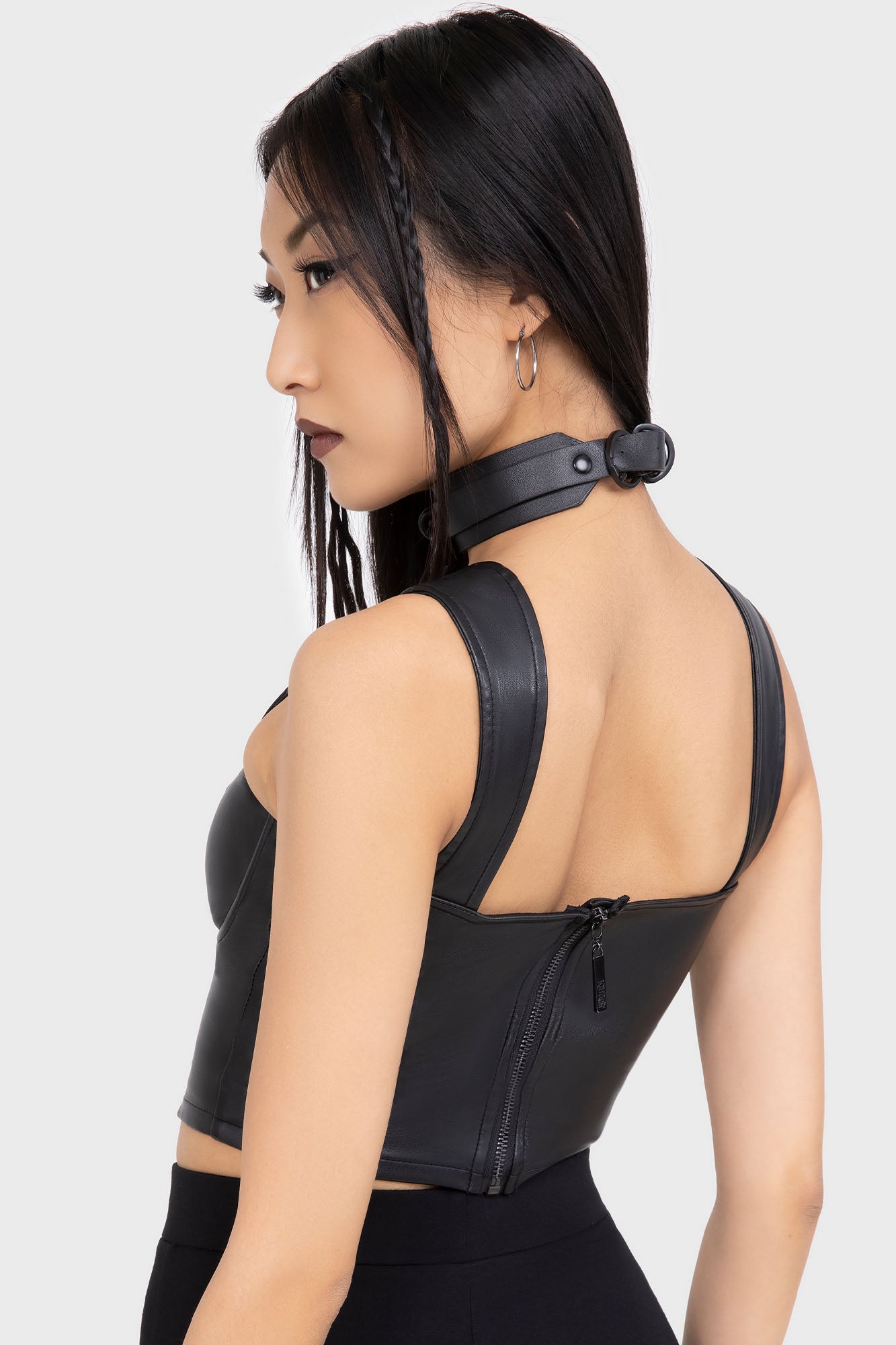 KIHILIST Moonless PU Corset Top with Lace-Up Detail