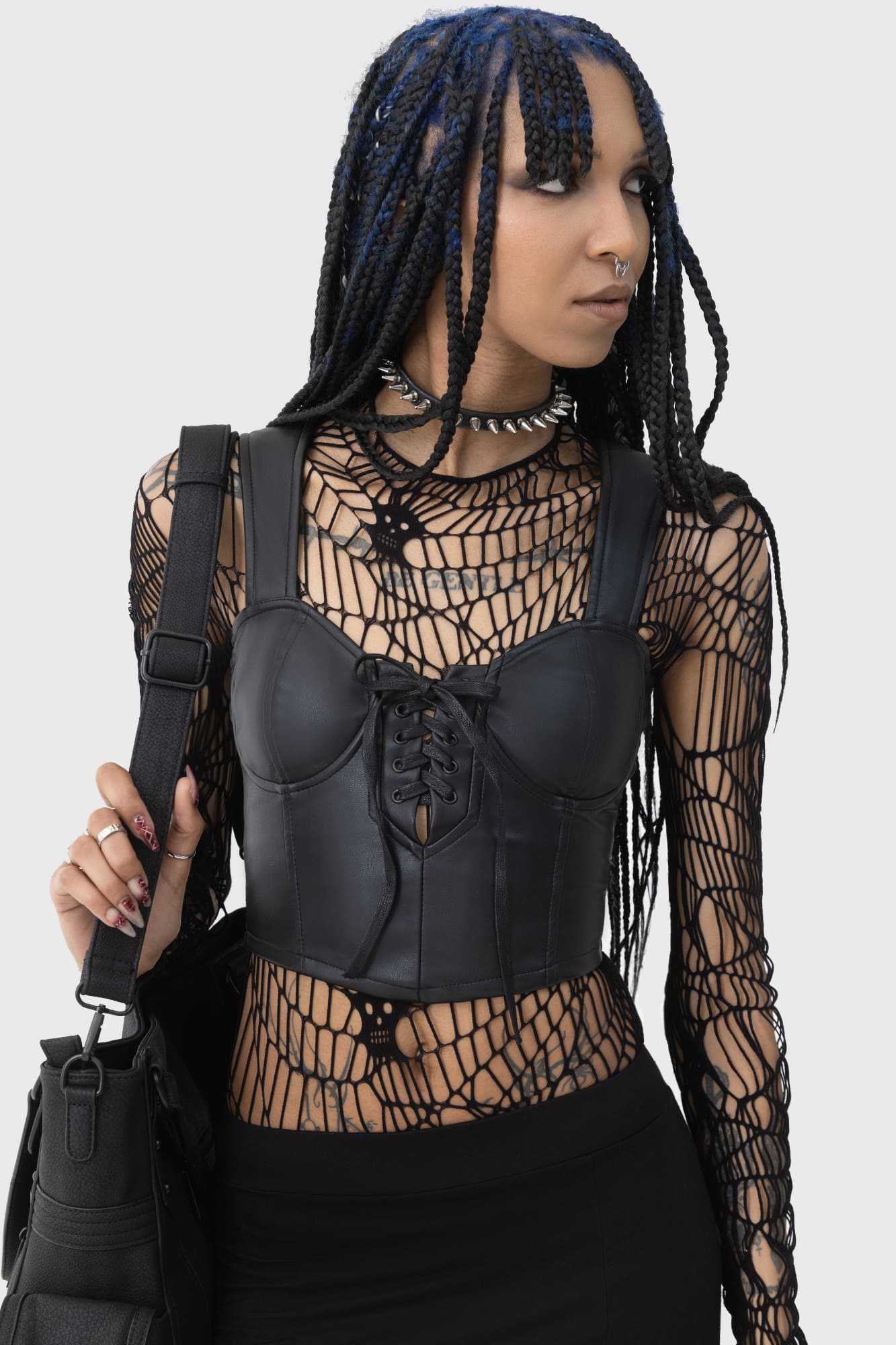 KIHILIST Moonless PU Corset Top with Lace-Up Detail