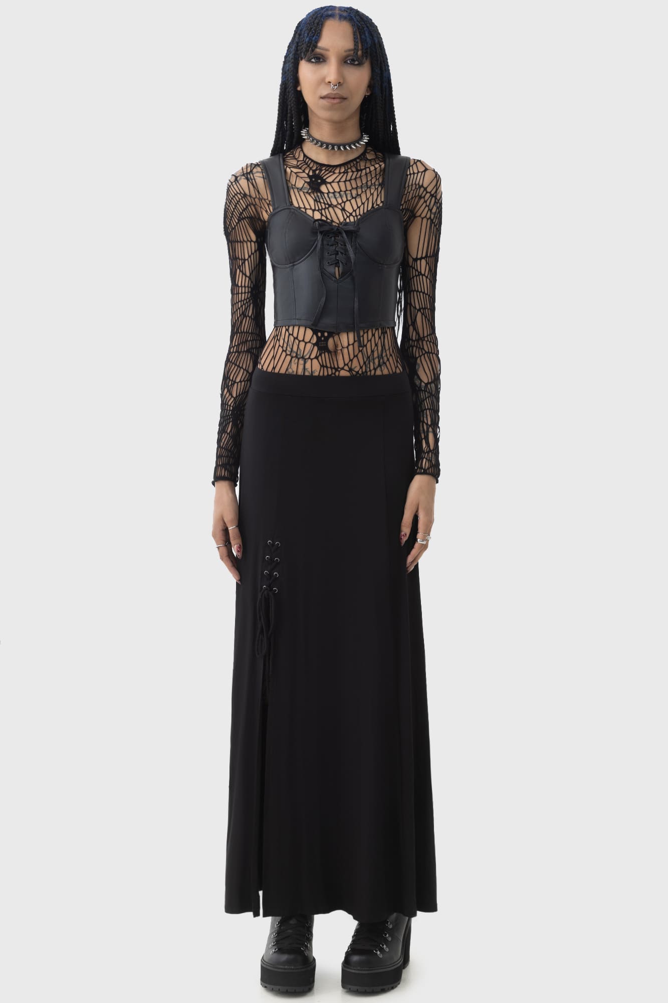 KIHILIST Moonless PU Corset Top with Lace-Up Detail