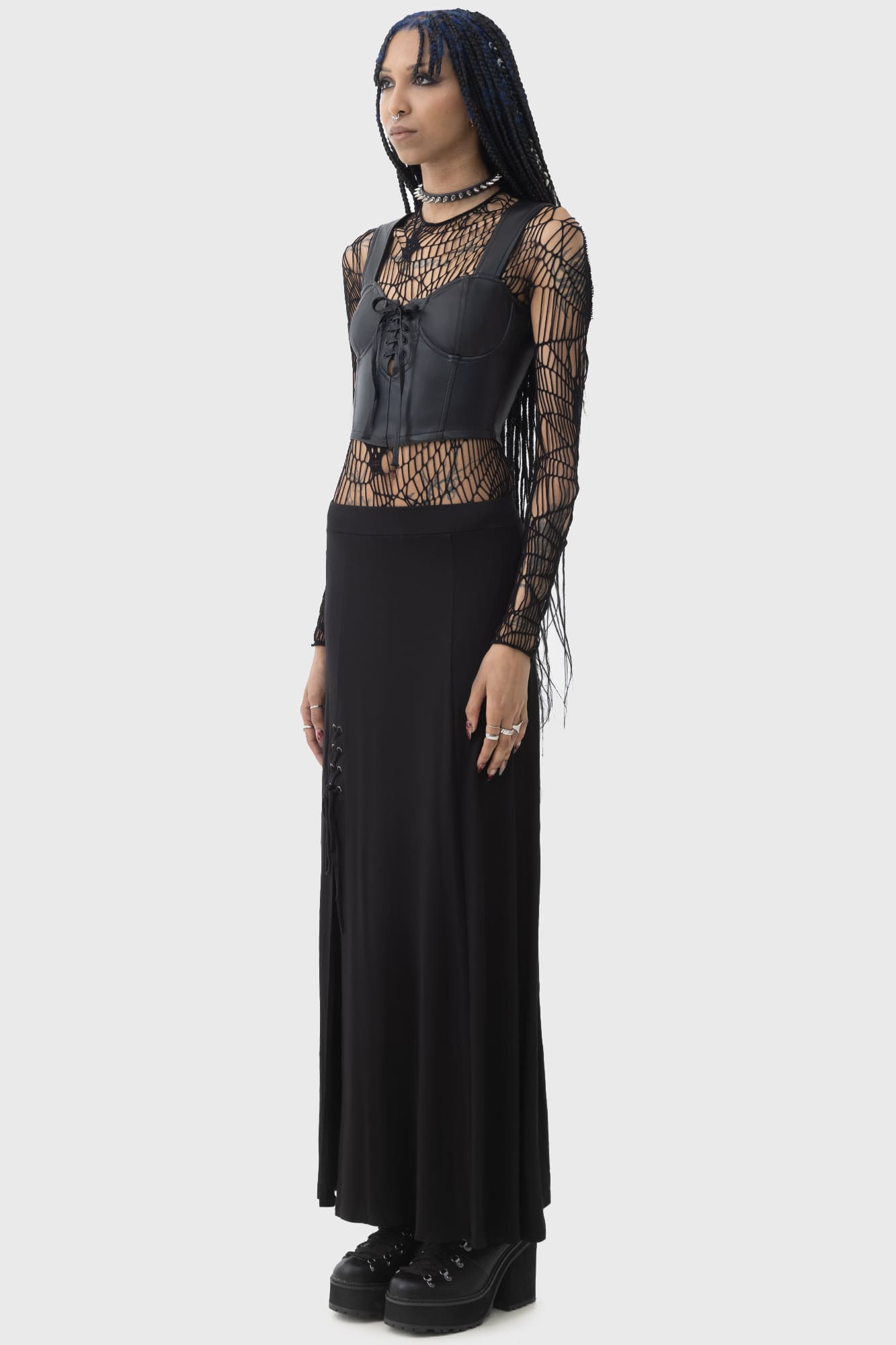 KIHILIST Moonless PU Corset Top with Lace-Up Detail