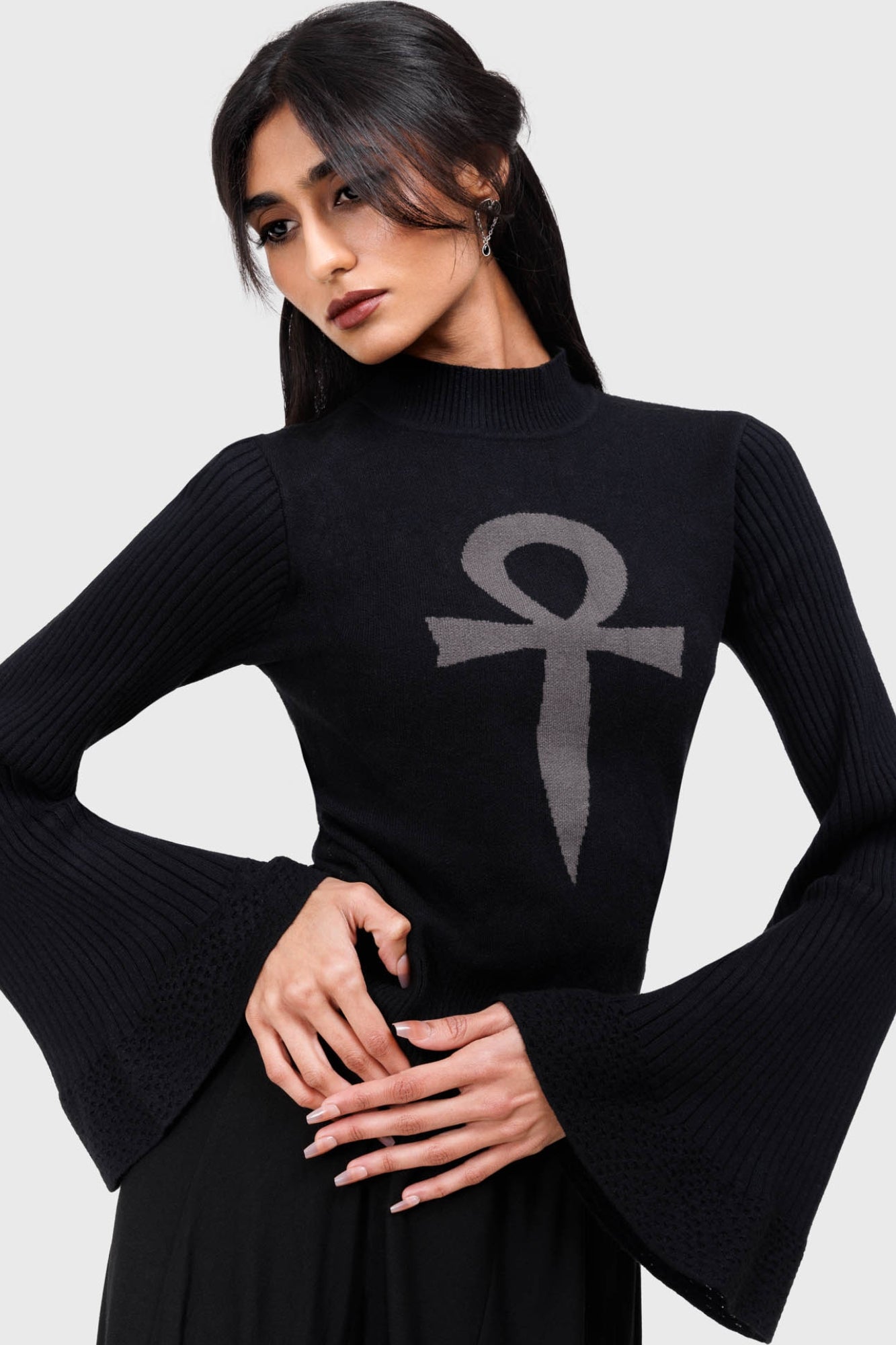 Killstar Morbida Knitted Top with Ankh Print & Flared Sleeves