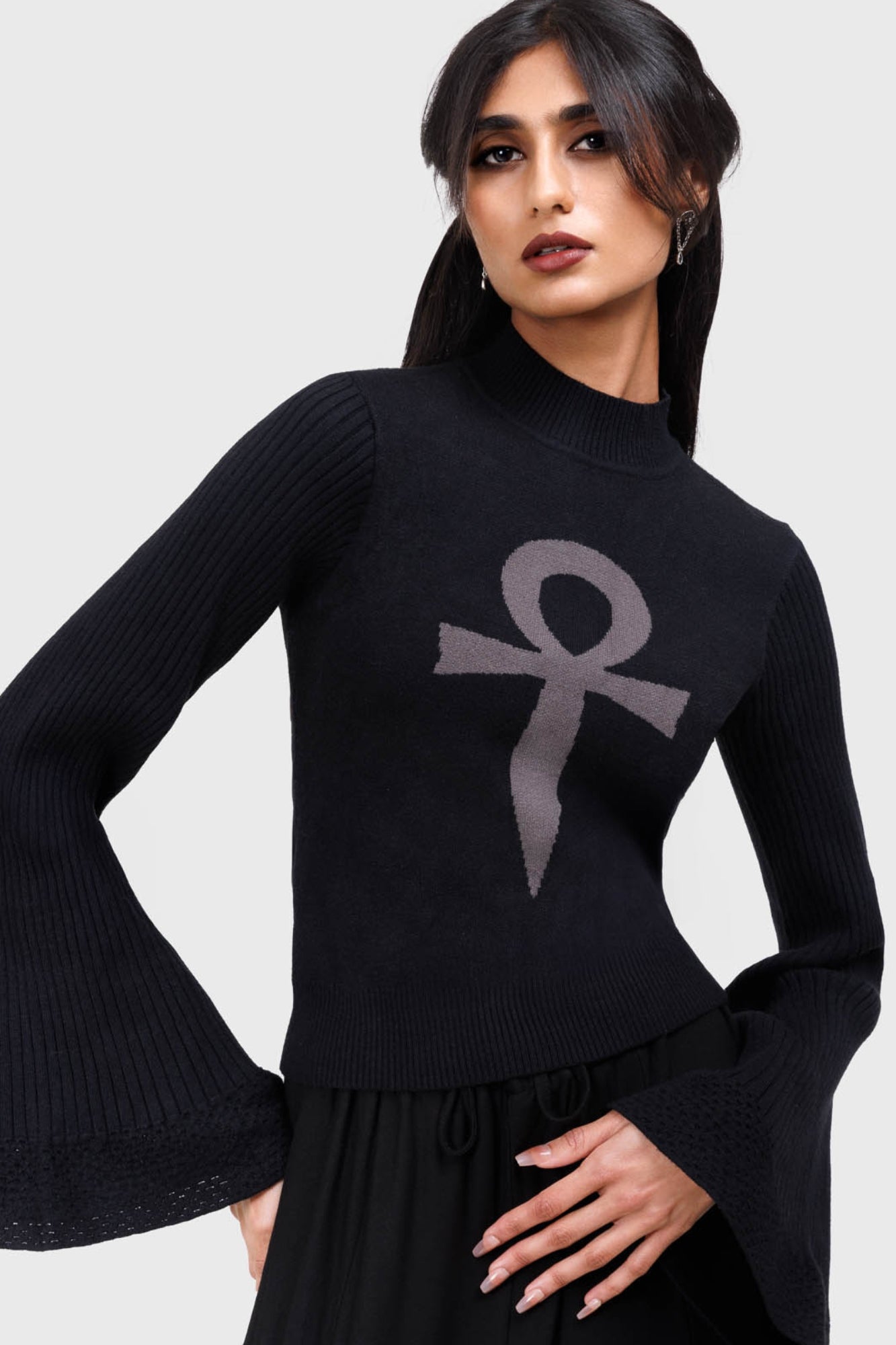 Killstar Morbida Knitted Top with Ankh Print & Flared Sleeves