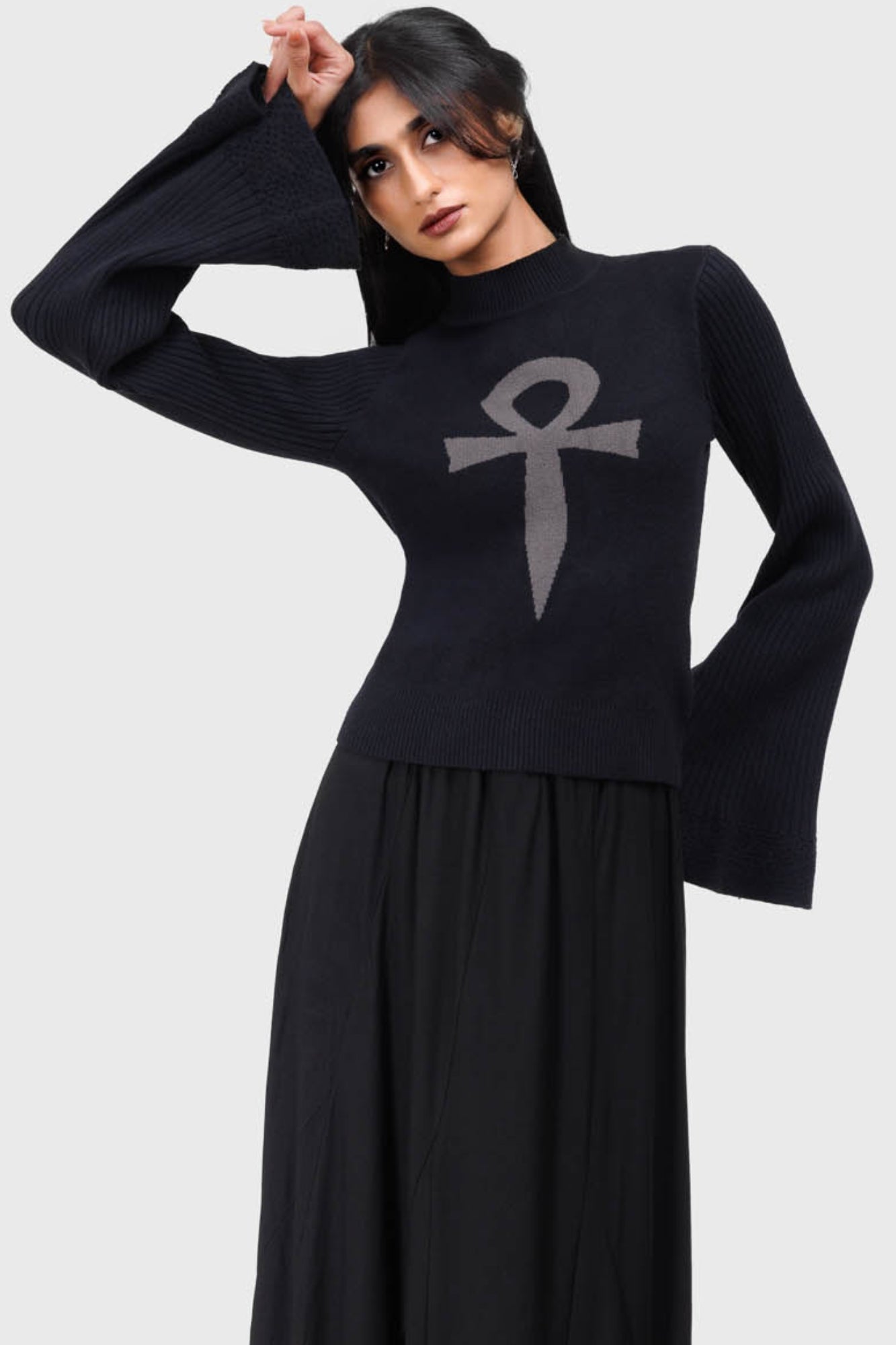 Killstar Morbida Knitted Top with Ankh Print & Flared Sleeves