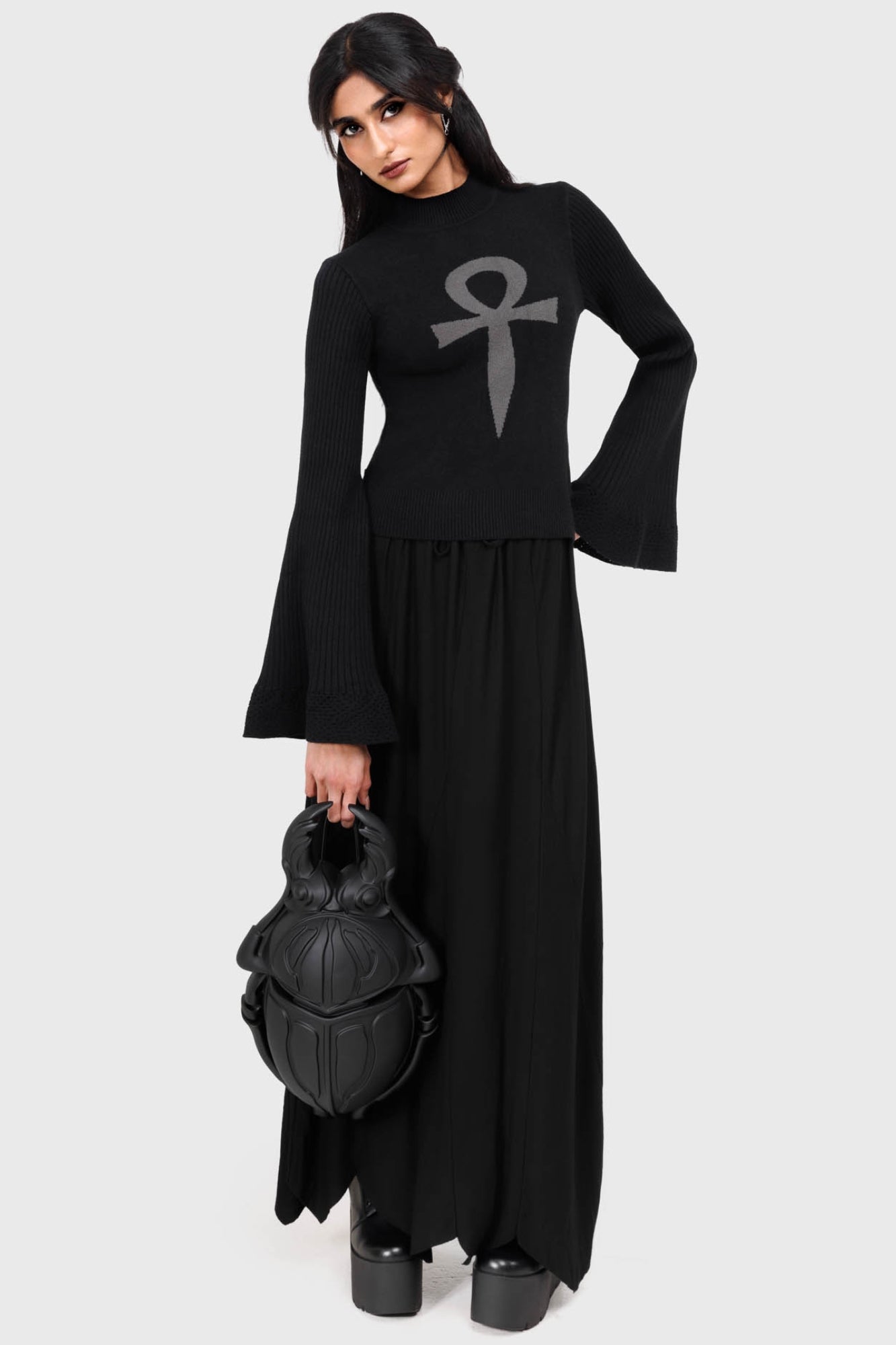 Killstar Morbida Knitted Top with Ankh Print & Flared Sleeves