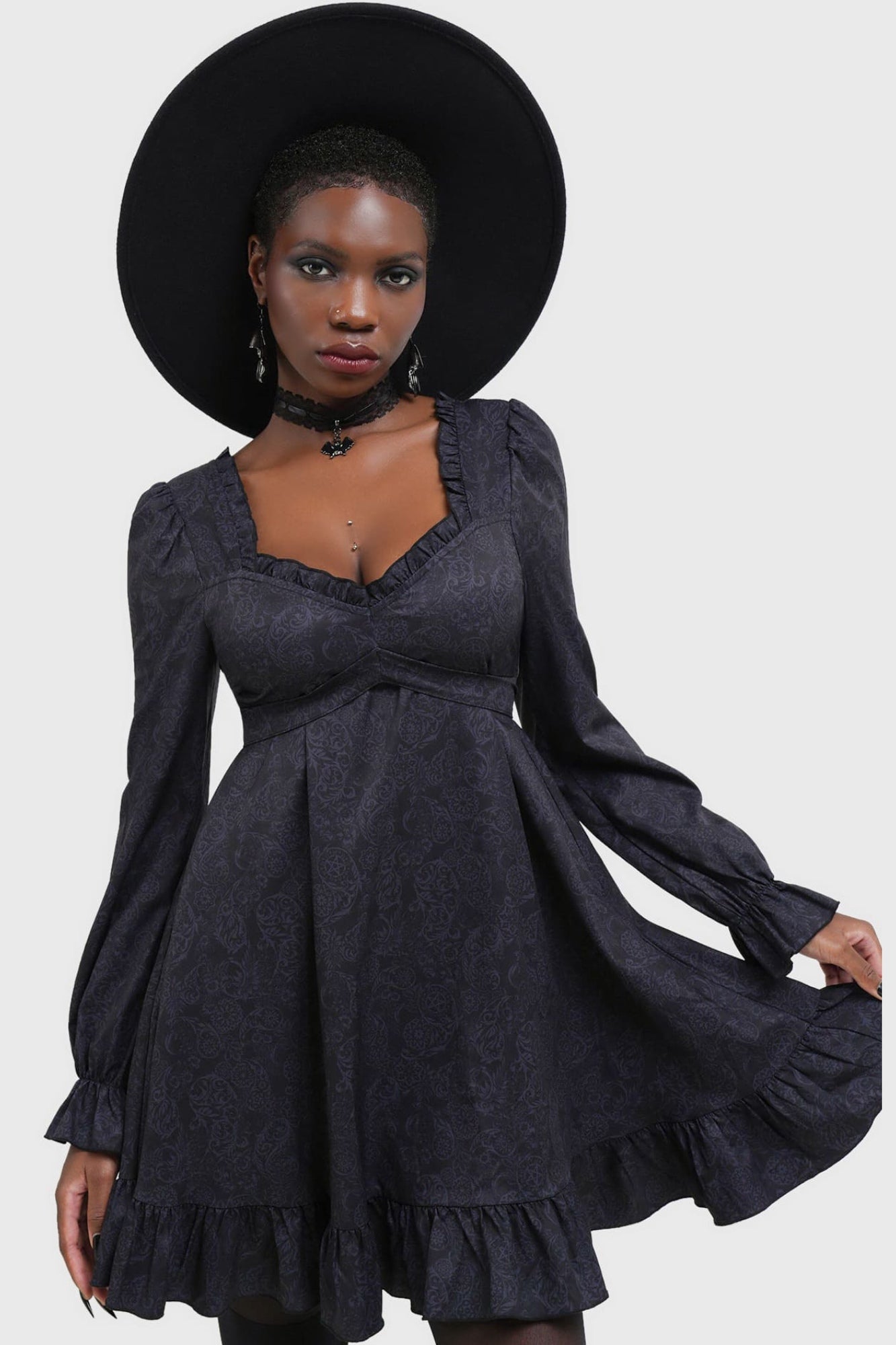 Killstar Morvina Mini Dress with Ruffled Neckline & Long Sleeves