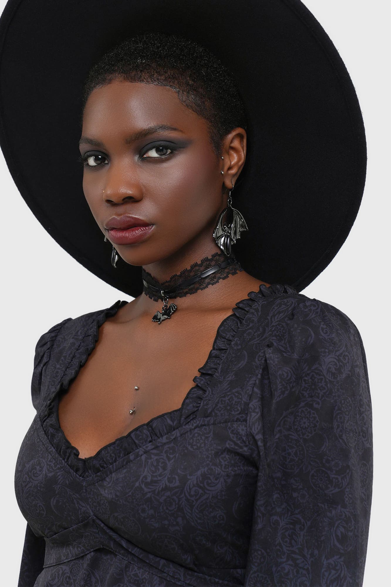 Killstar Morvina Mini Dress with Ruffled Neckline & Long Sleeves