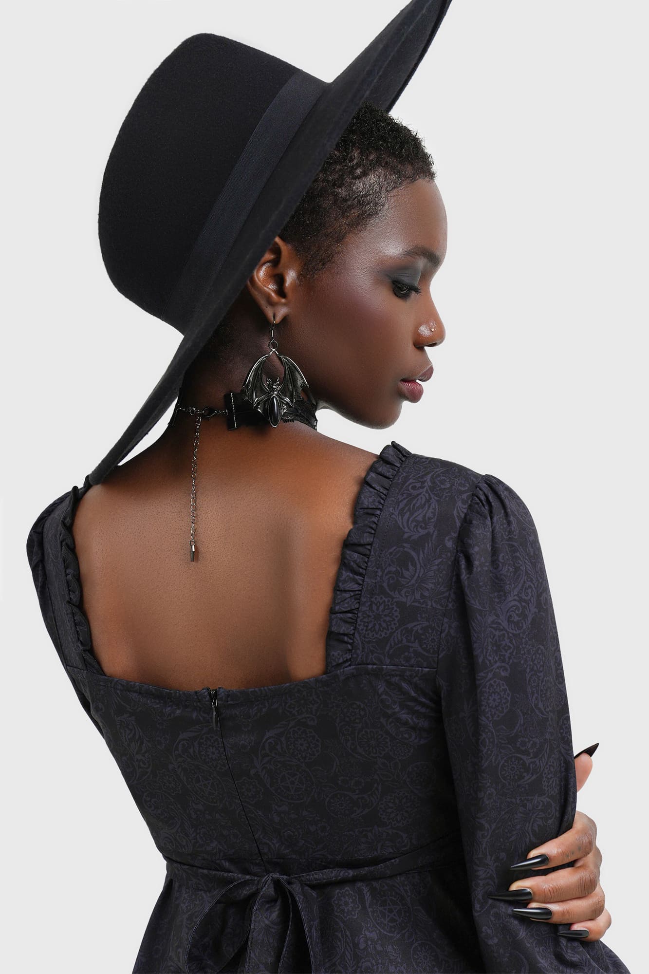 Killstar Morvina Mini Dress with Ruffled Neckline & Long Sleeves