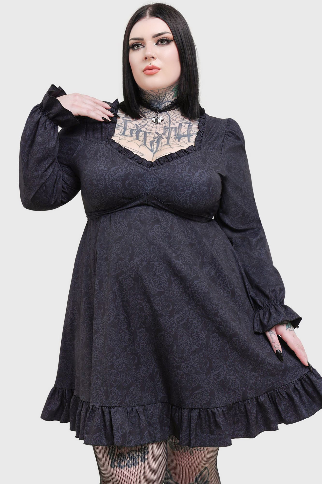 Killstar Morvina Mini Dress with Ruffled Neckline & Long Sleeves