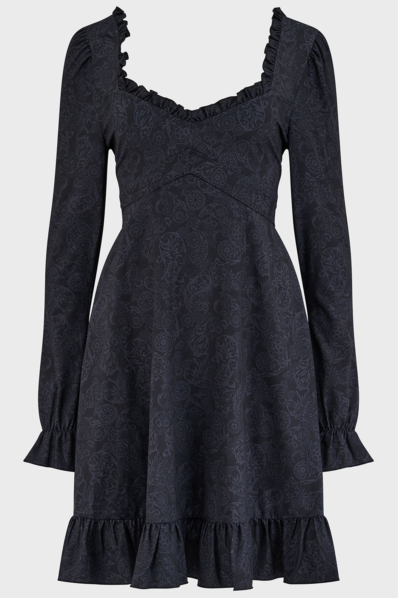 Killstar Morvina Mini Dress with Ruffled Neckline & Long Sleeves