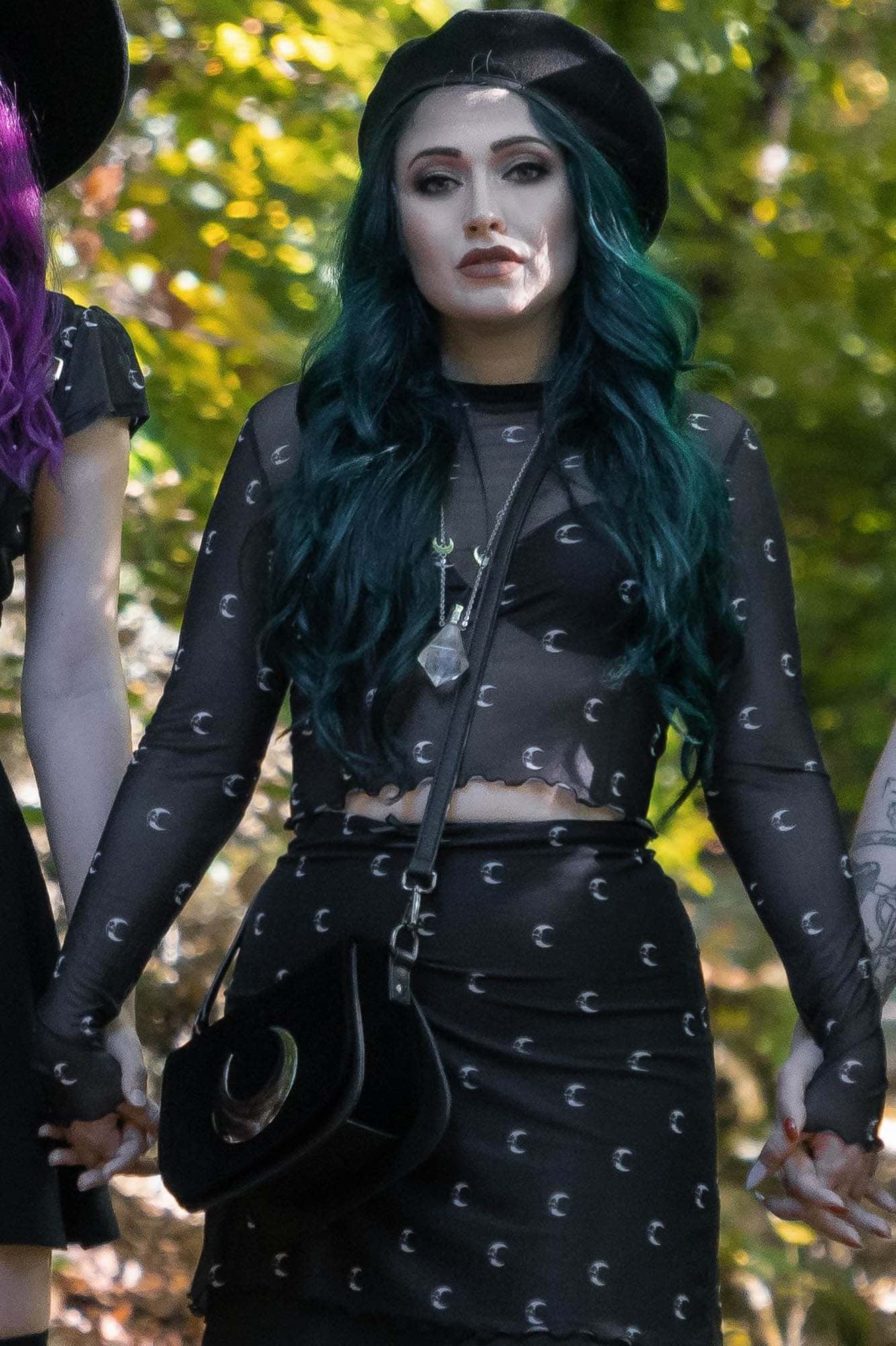 Killstar Mystica Moon Print Mesh Crop Top - Long Sleeves