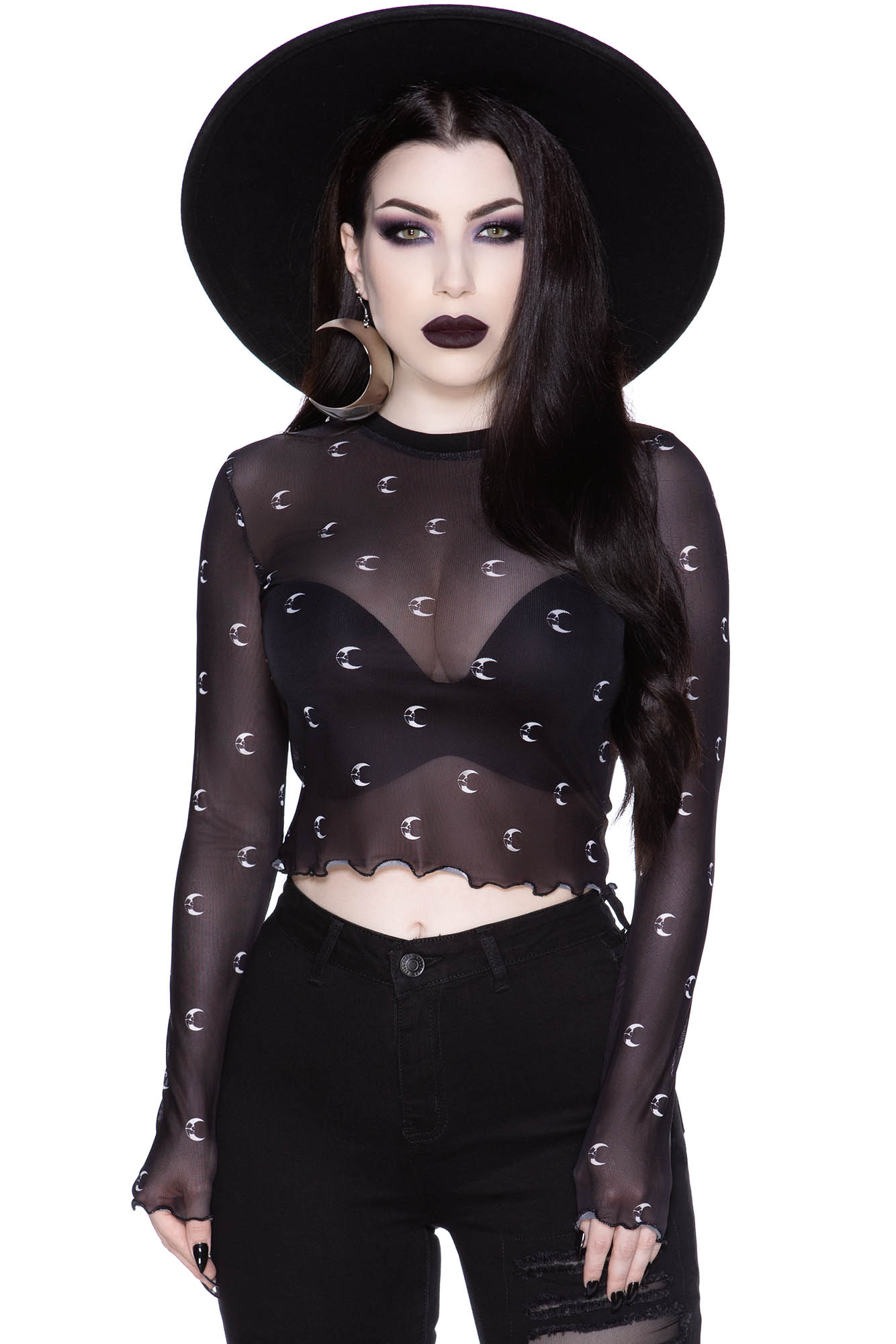 Killstar Mystica Moon Print Mesh Crop Top - Long Sleeves