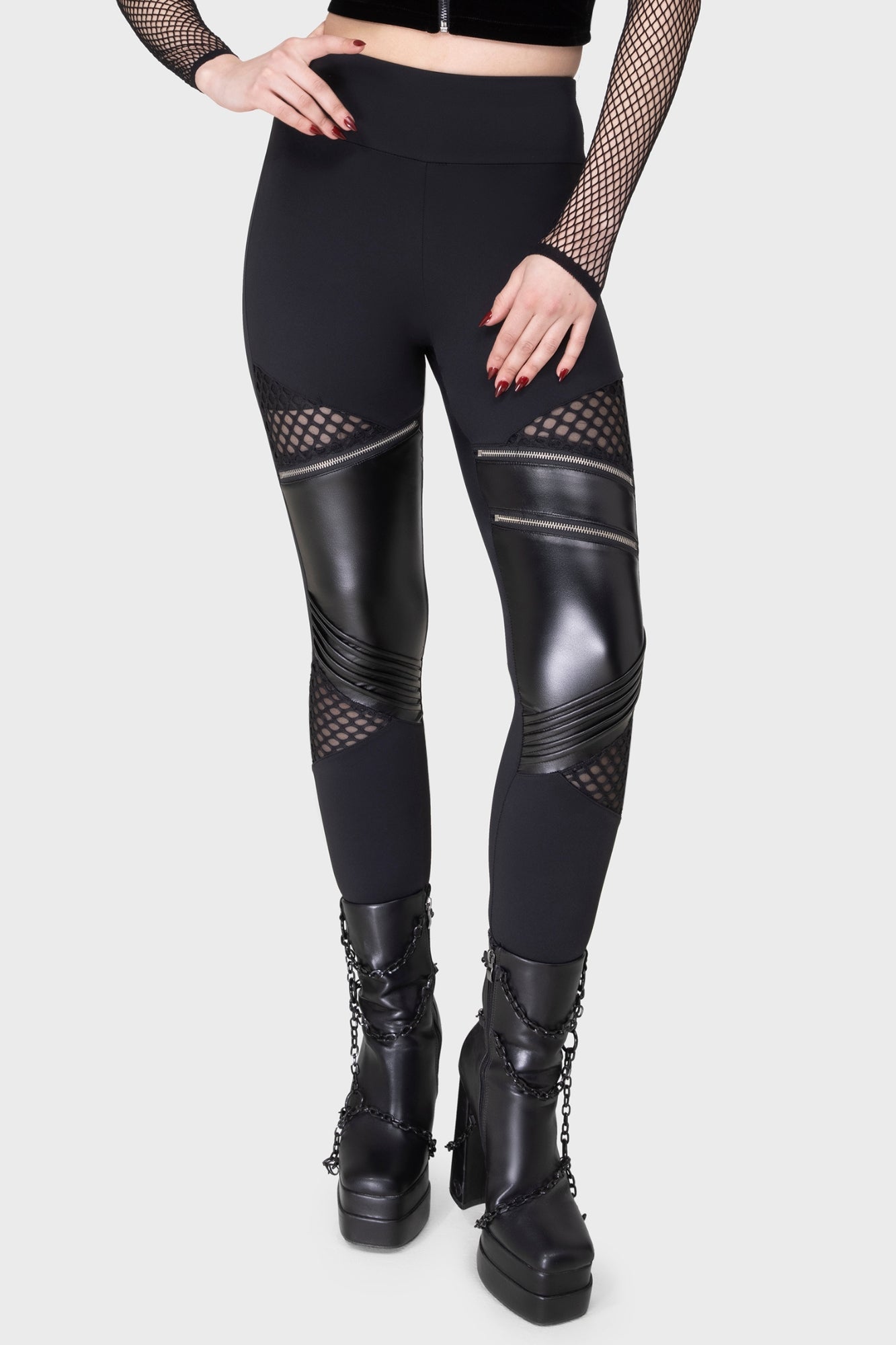 Killstar Neo Noir Faux Leather & Fishnet Leggings with Zips