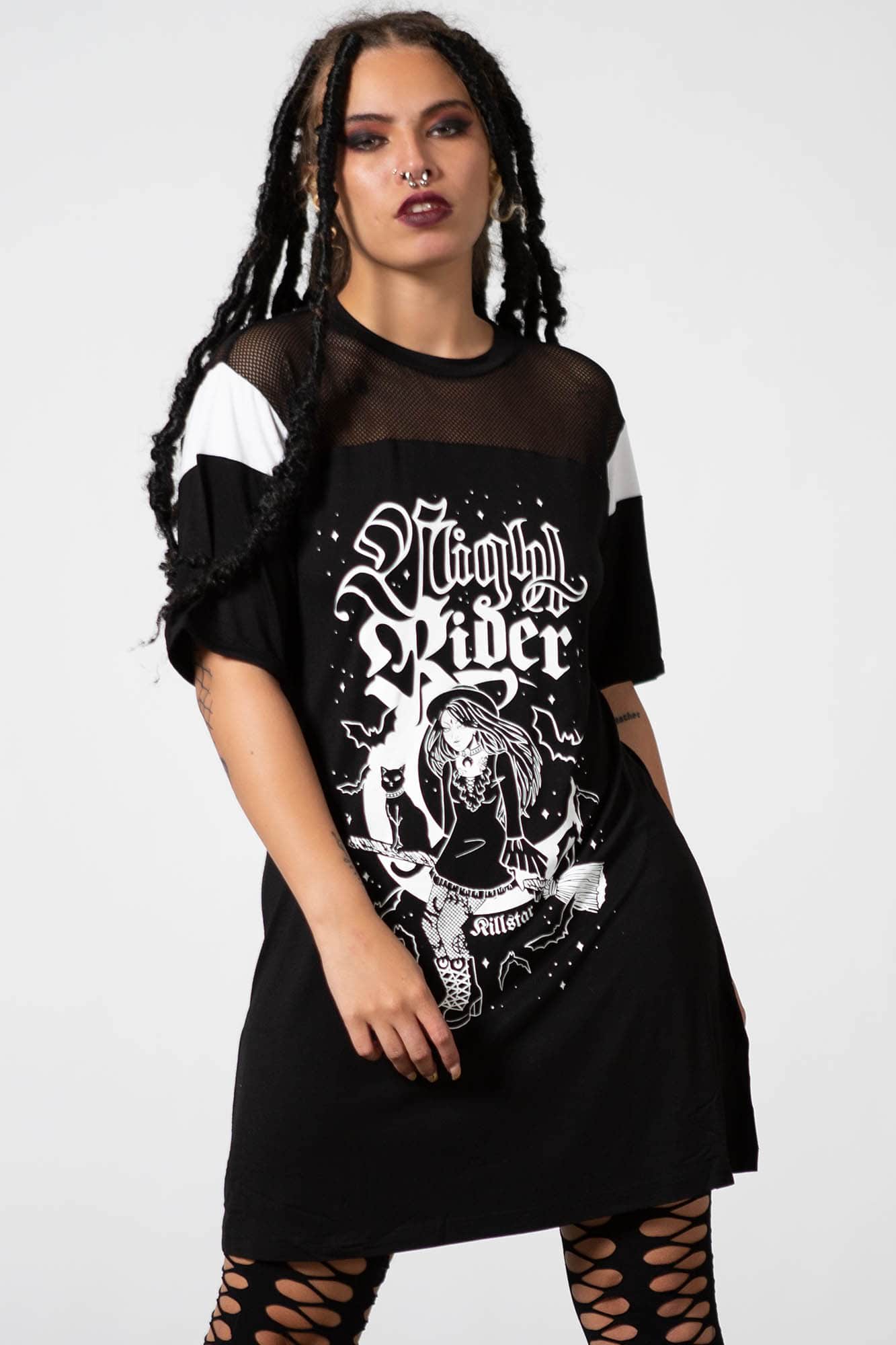 Killstar Nightrider Mesh Dress with Statement Print & White Accents