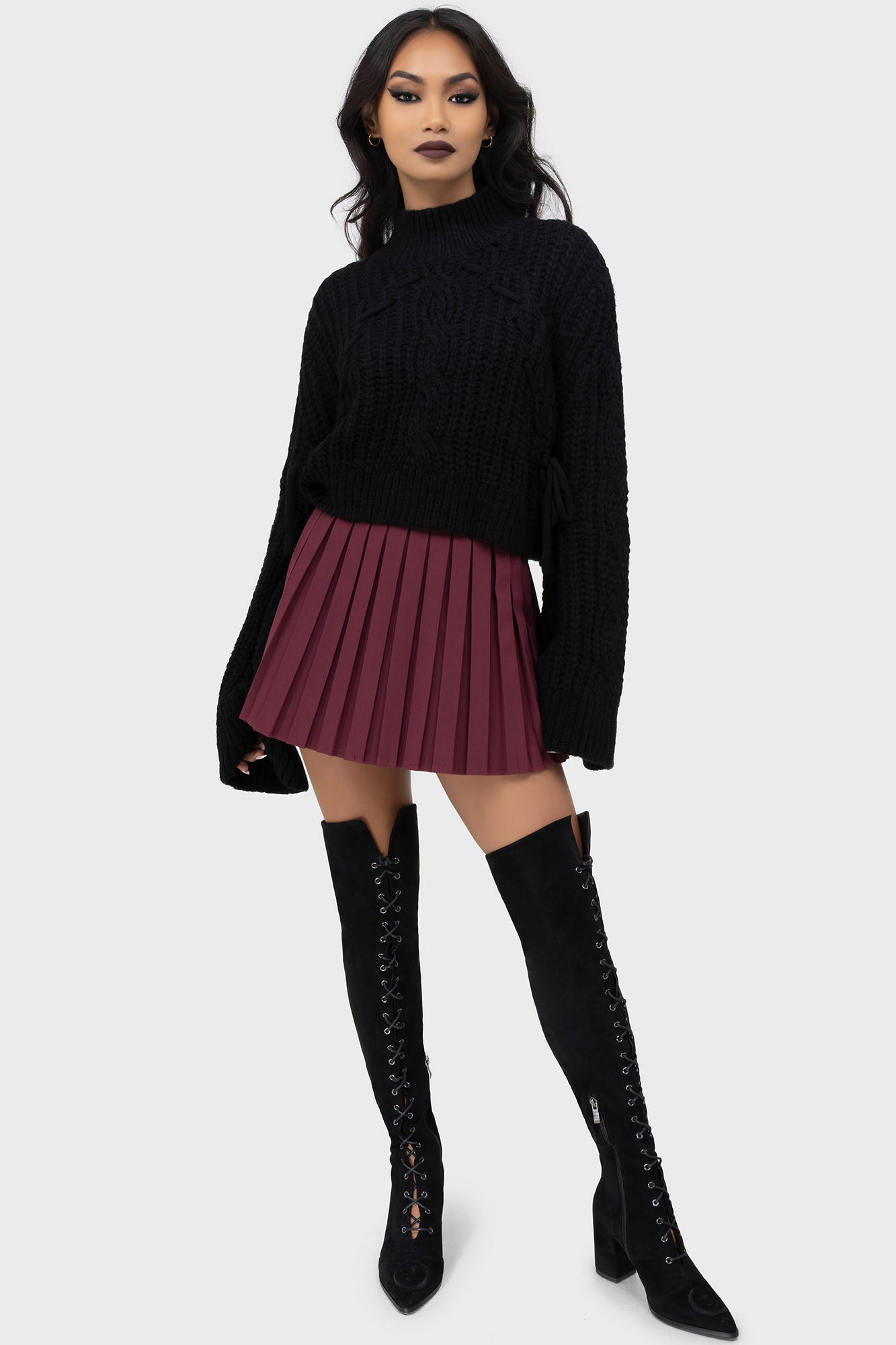 Killstar Dark Red Pleated Mini Skirt with Belt Loops