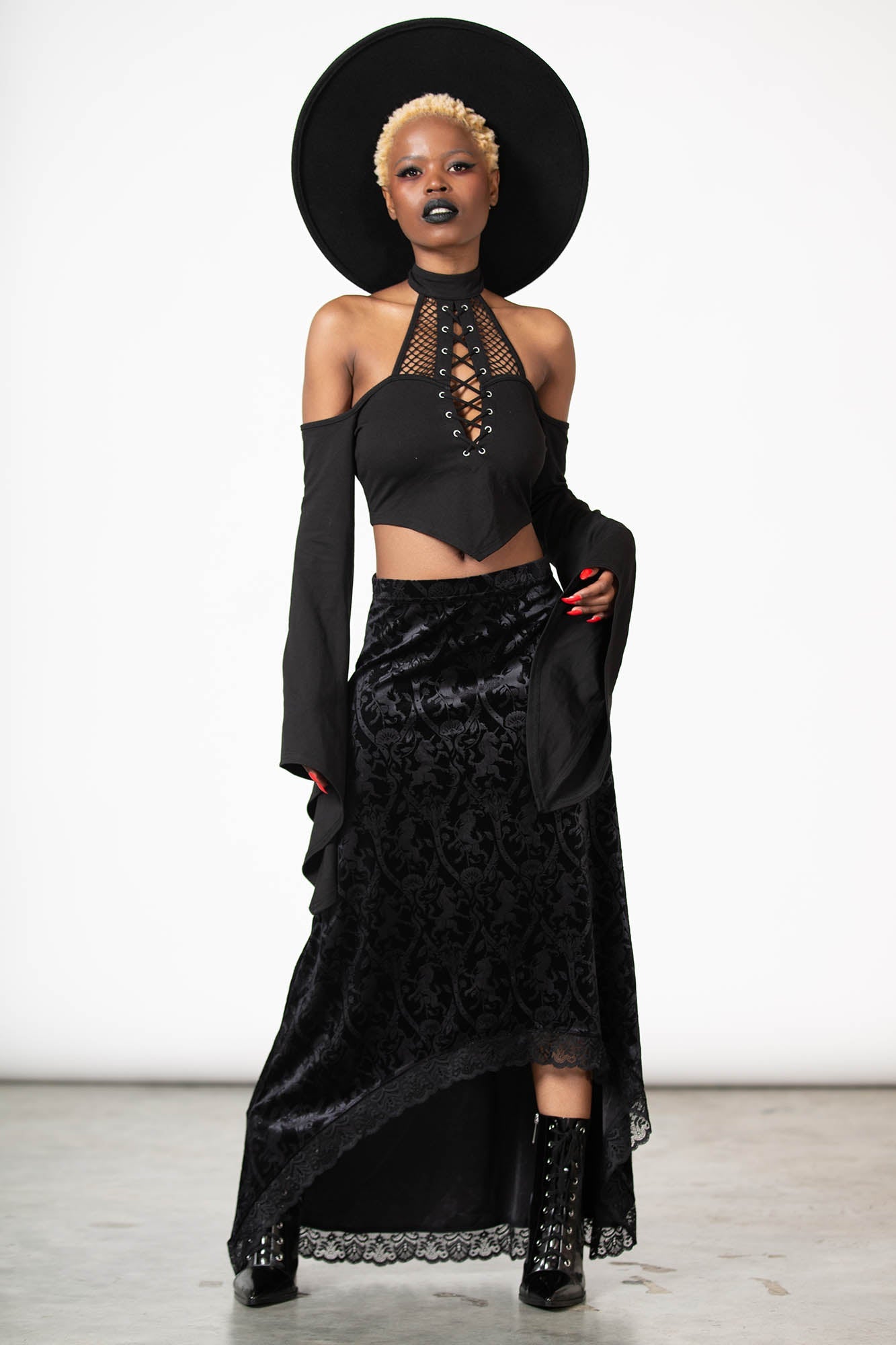 Killstar Velvet Maxi Skirt with Lace Trim & High-Low Hem