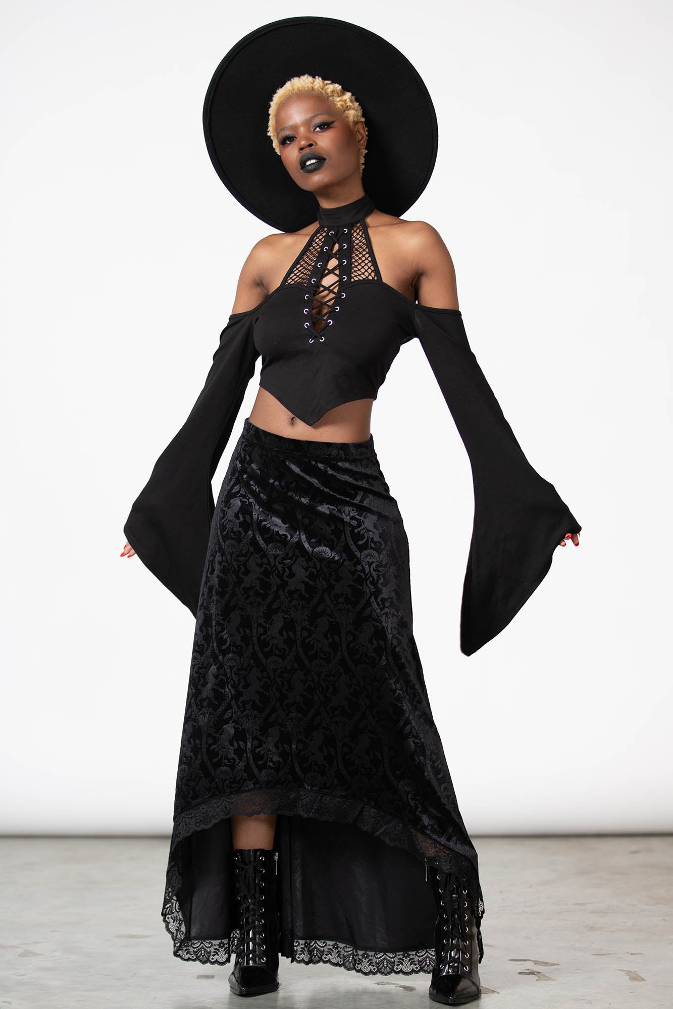 Killstar Velvet Maxi Skirt with Lace Trim & High-Low Hem