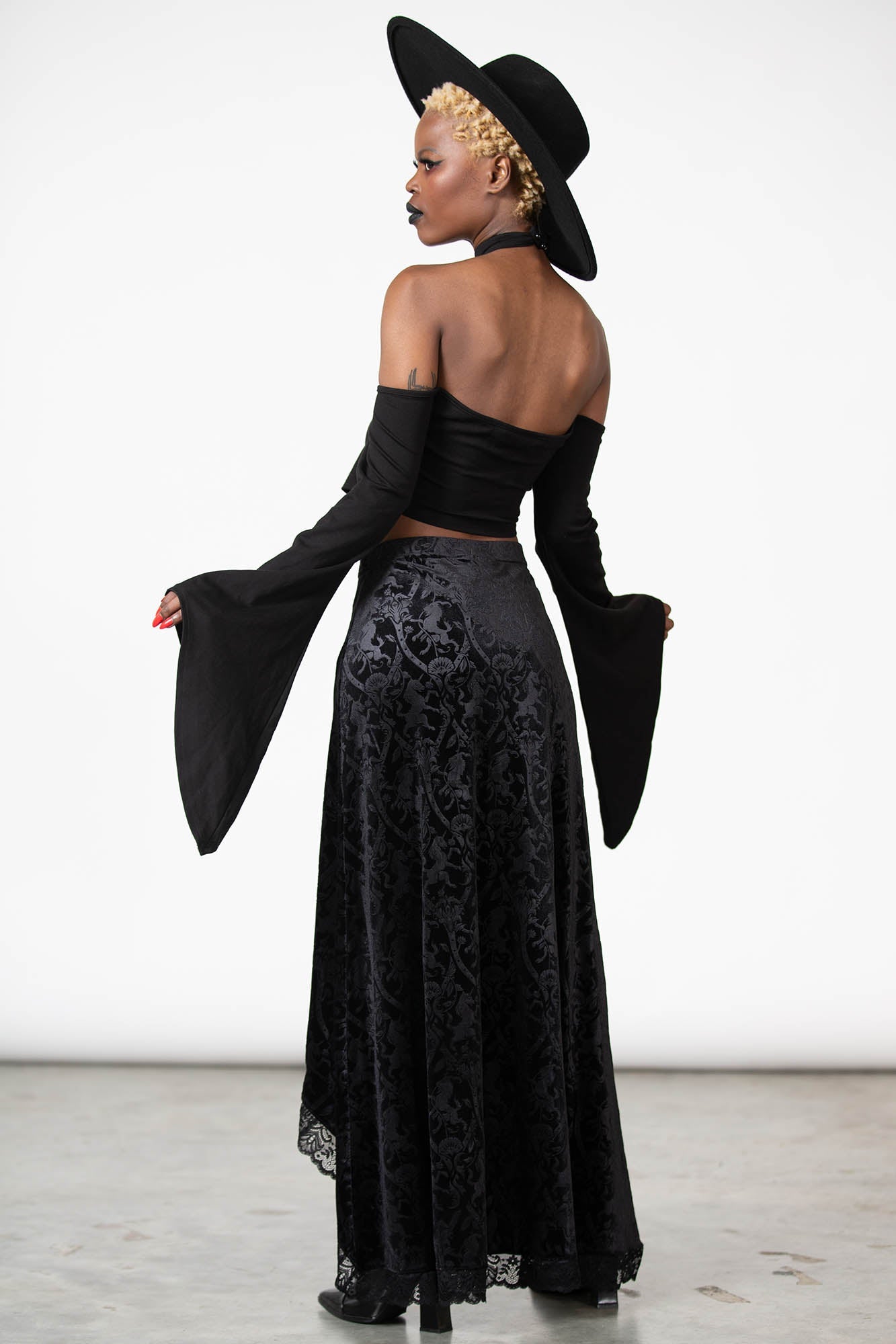 Killstar Velvet Maxi Skirt with Lace Trim & High-Low Hem