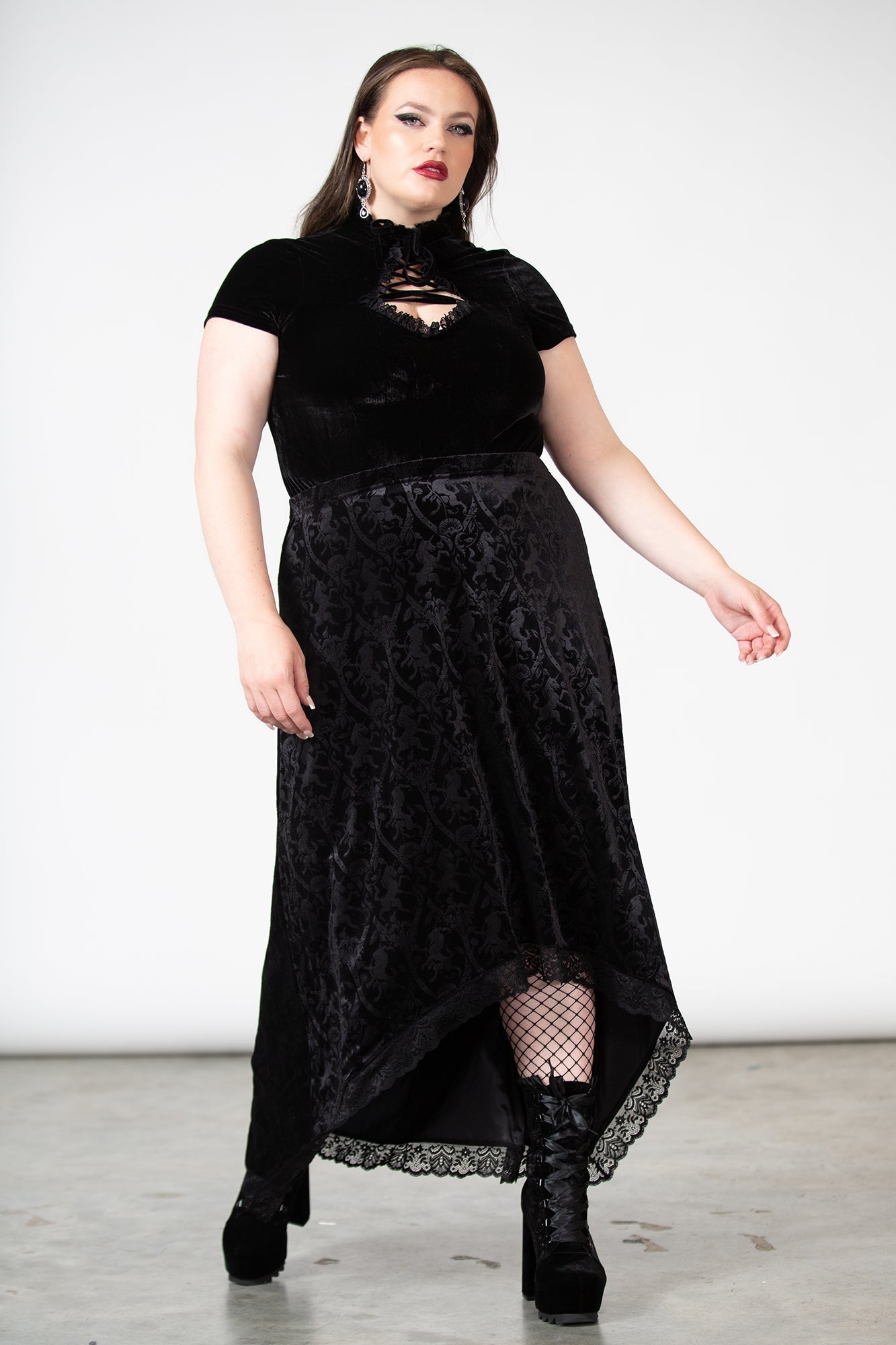 Killstar Velvet Maxi Skirt with Lace Trim & High-Low Hem