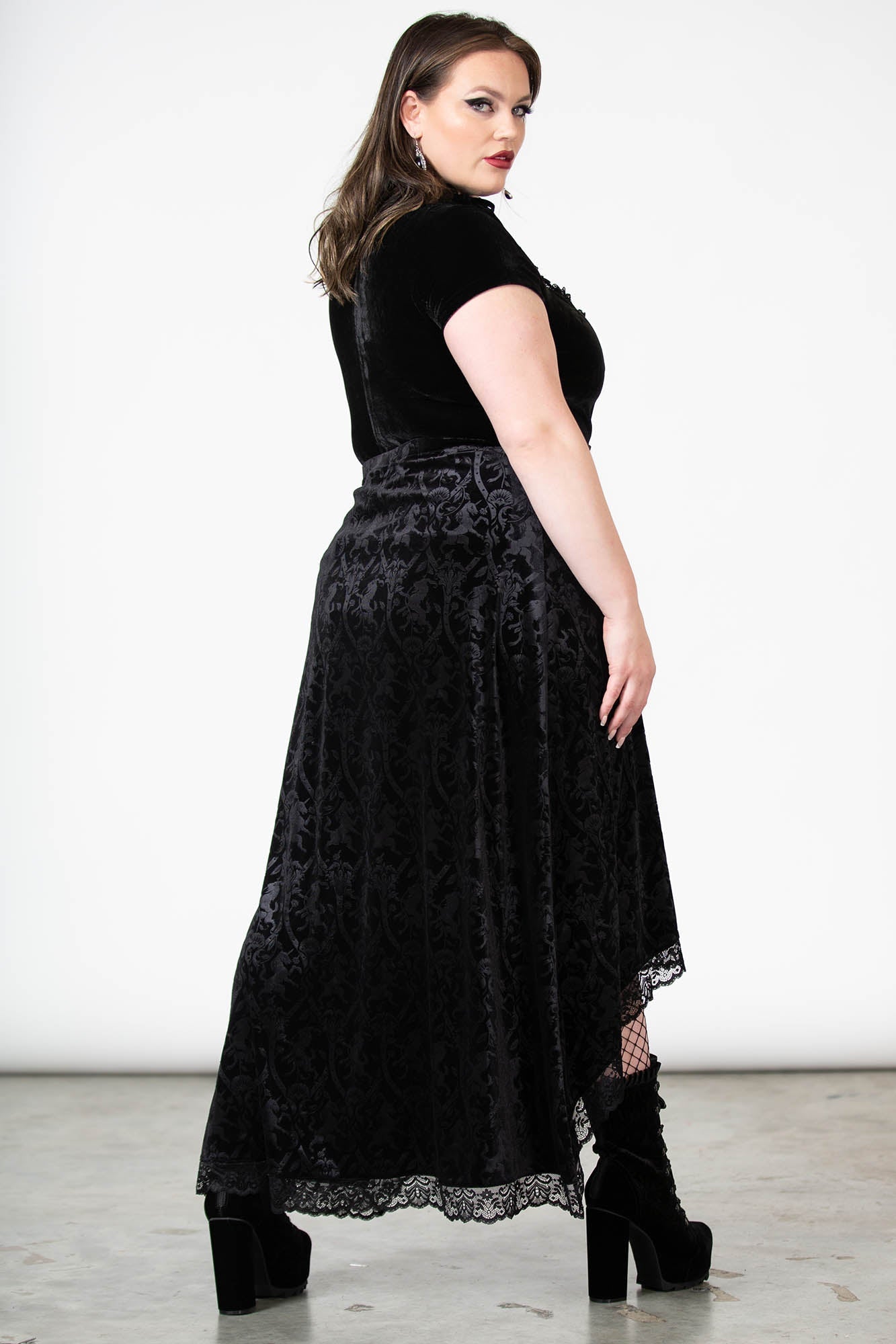 Killstar Velvet Maxi Skirt with Lace Trim & High-Low Hem