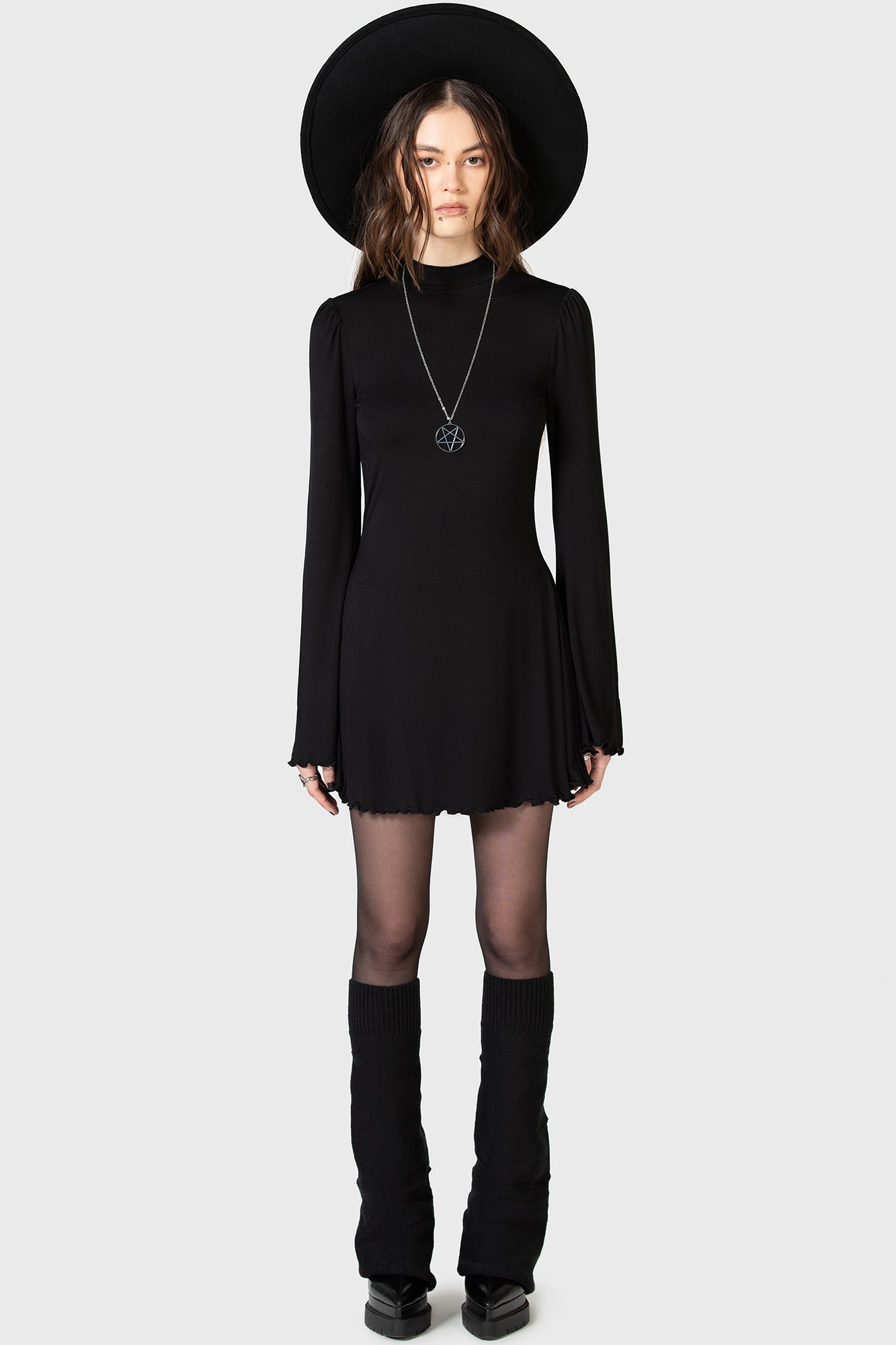 KIHILIST Mini Dress with Bell Sleeves & Lettuce Hem