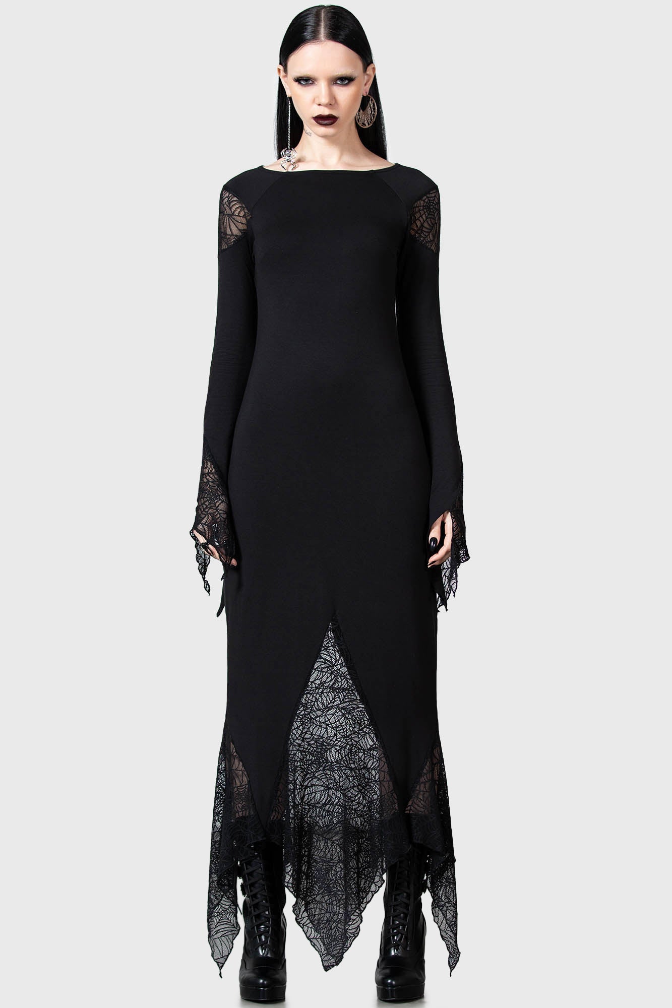 Killstar Spiderella Gothic Dress with Spiderweb Lace & Flare Sleeves
