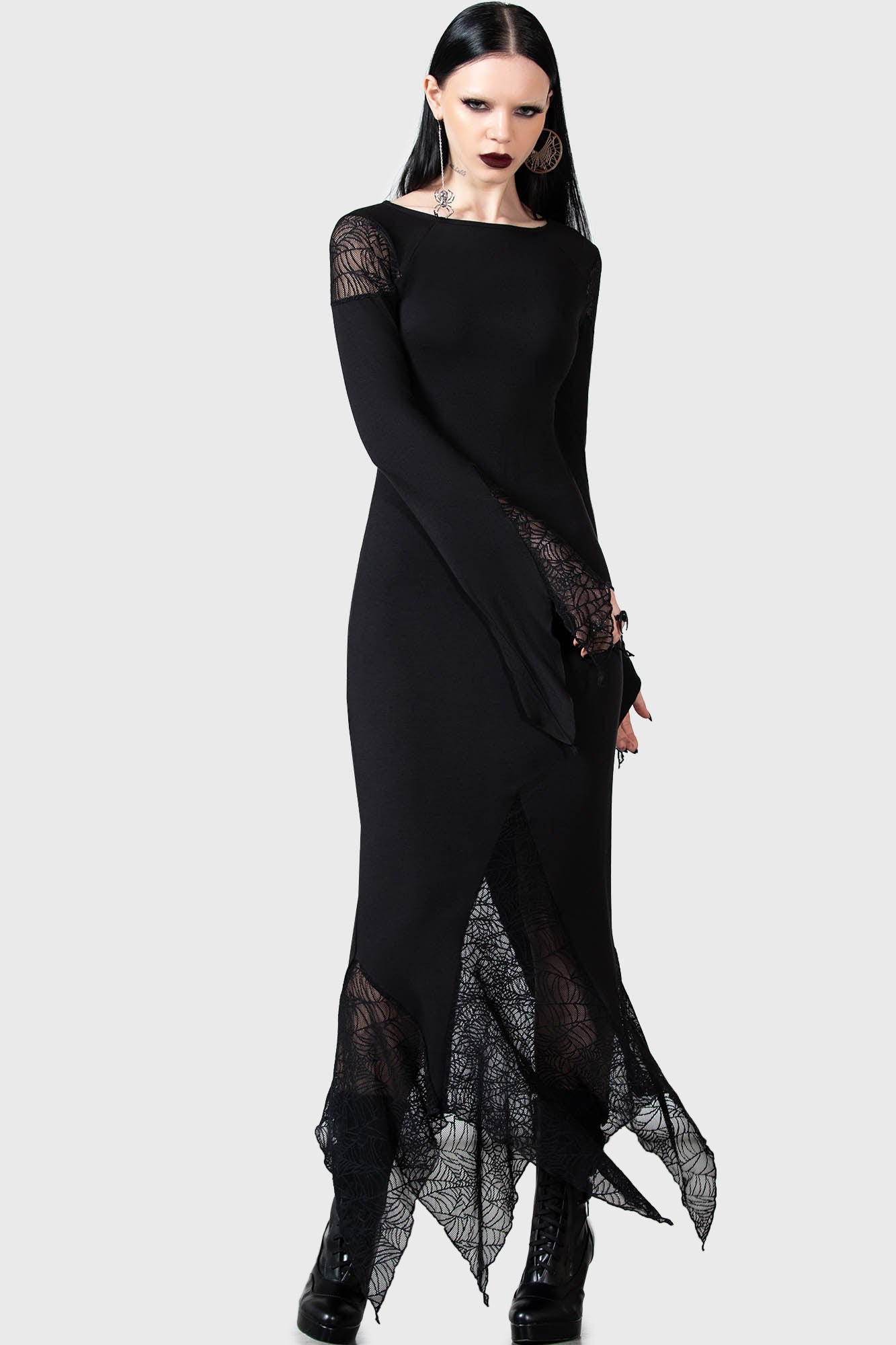 Killstar Spiderella Gothic Dress with Spiderweb Lace & Flare Sleeves