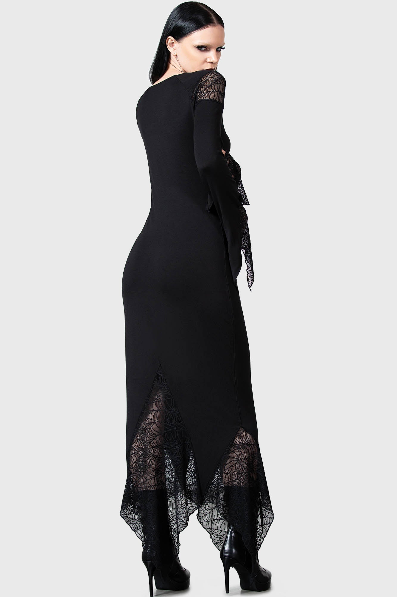 Killstar Spiderella Gothic Dress with Spiderweb Lace & Flare Sleeves