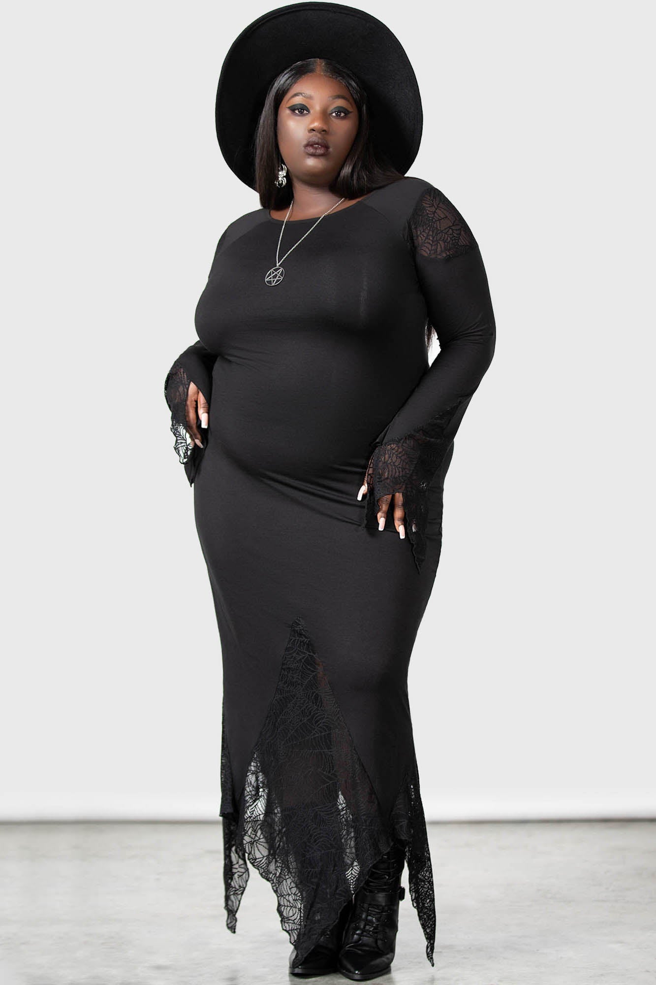 Killstar Spiderella Gothic Dress with Spiderweb Lace & Flare Sleeves