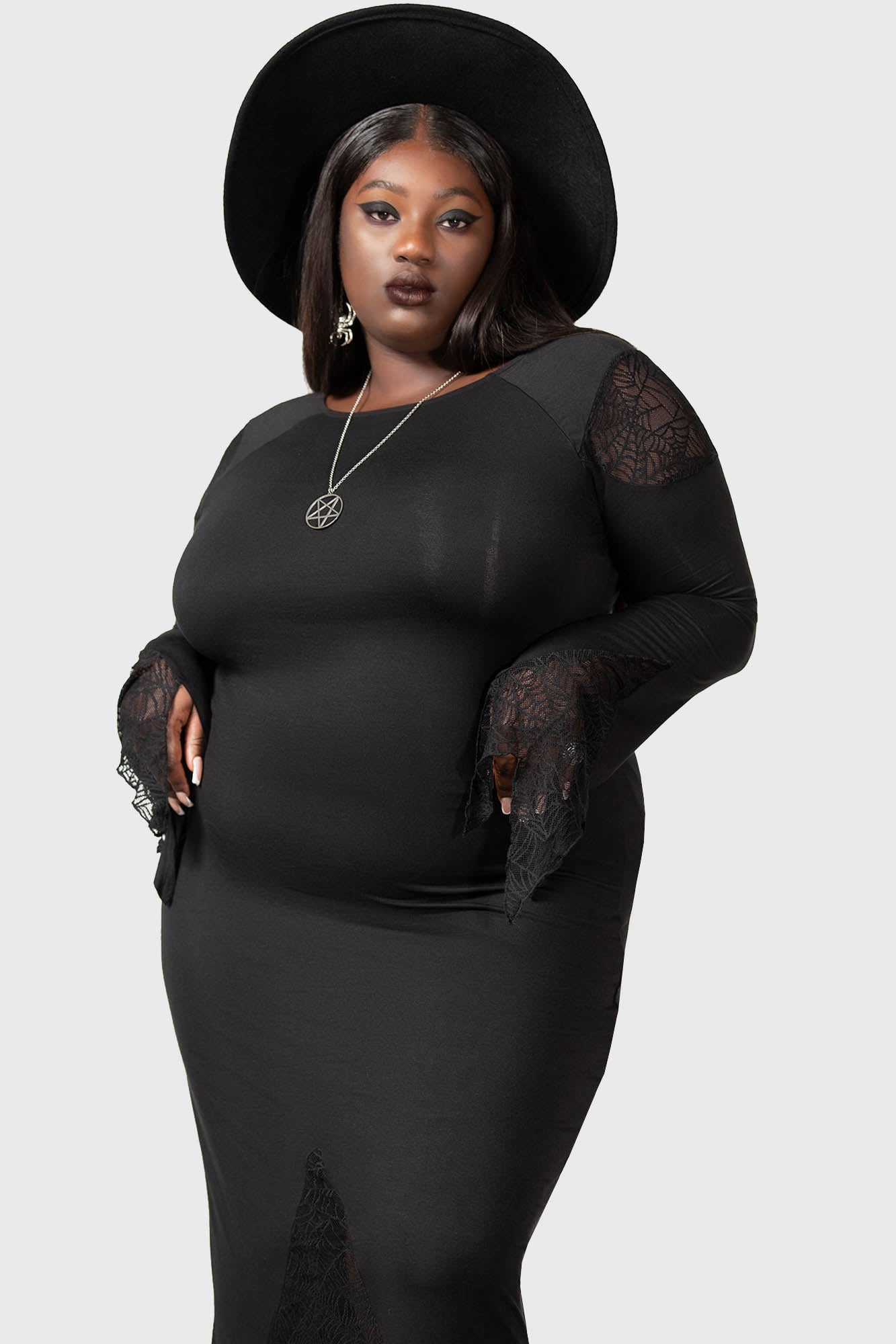 Killstar Spiderella Gothic Dress with Spiderweb Lace & Flare Sleeves