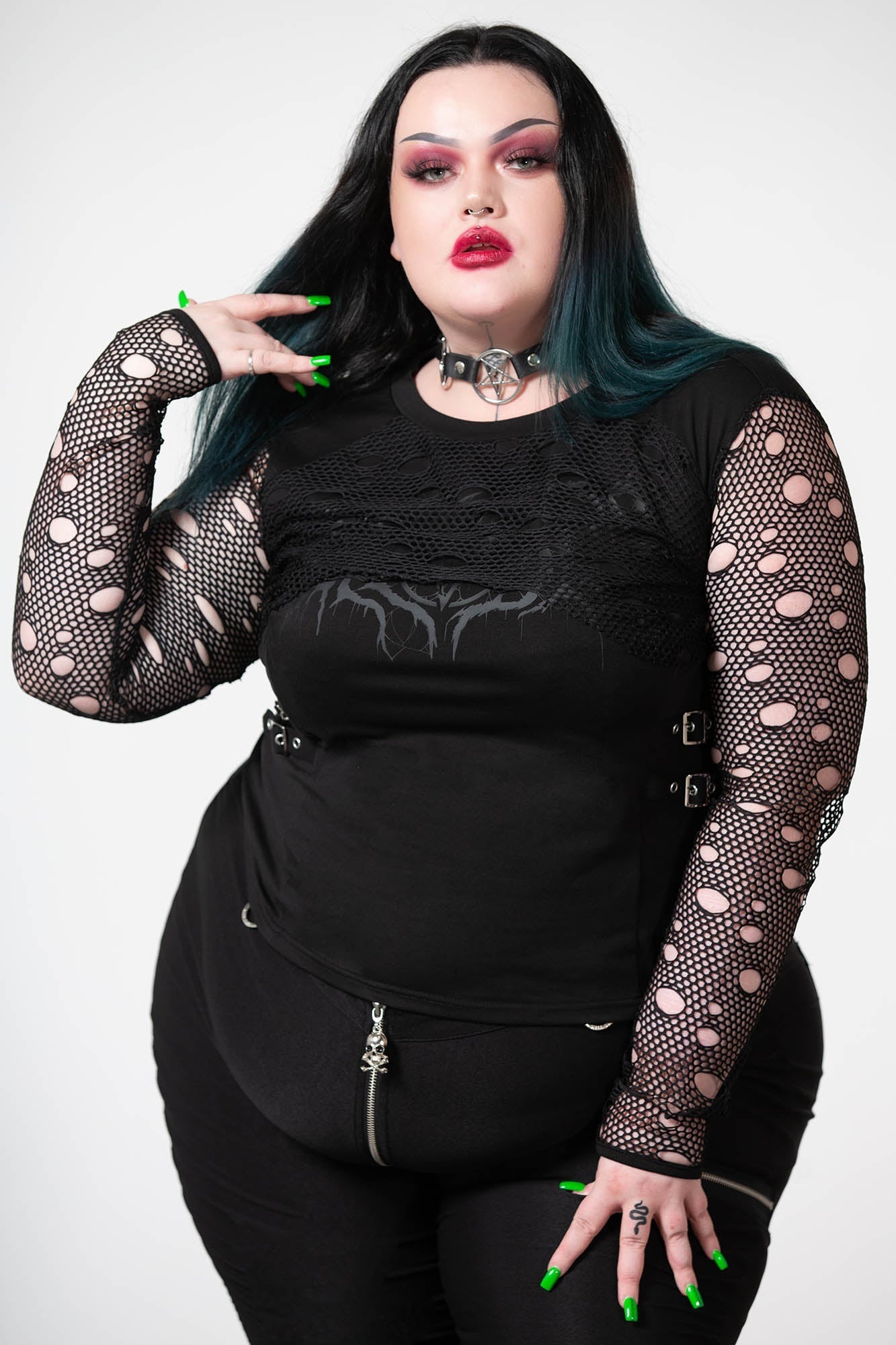 Killstar Fishnet Long Sleeve Top - Black Gothic Buckle Detail