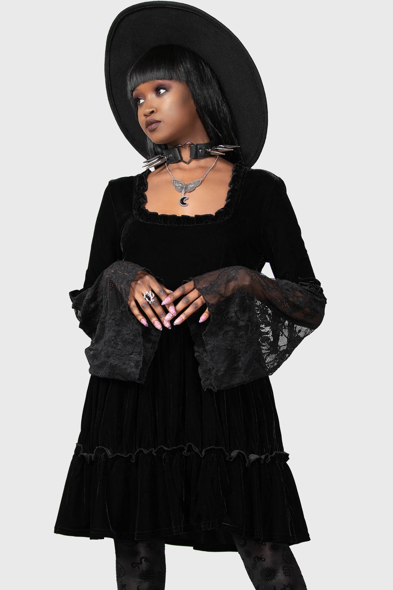 Killstar Prudence Velvet Dress with Lace Sleeves & Ruffles