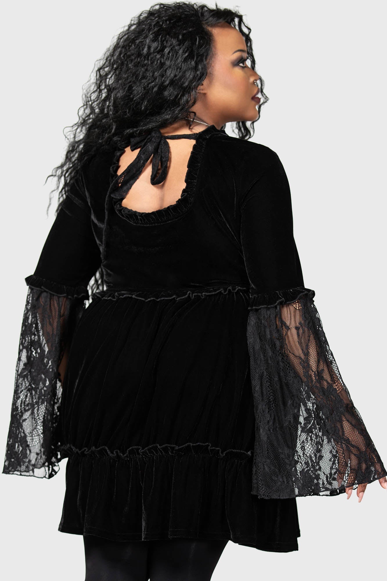 Killstar Prudence Velvet Dress with Lace Sleeves & Ruffles