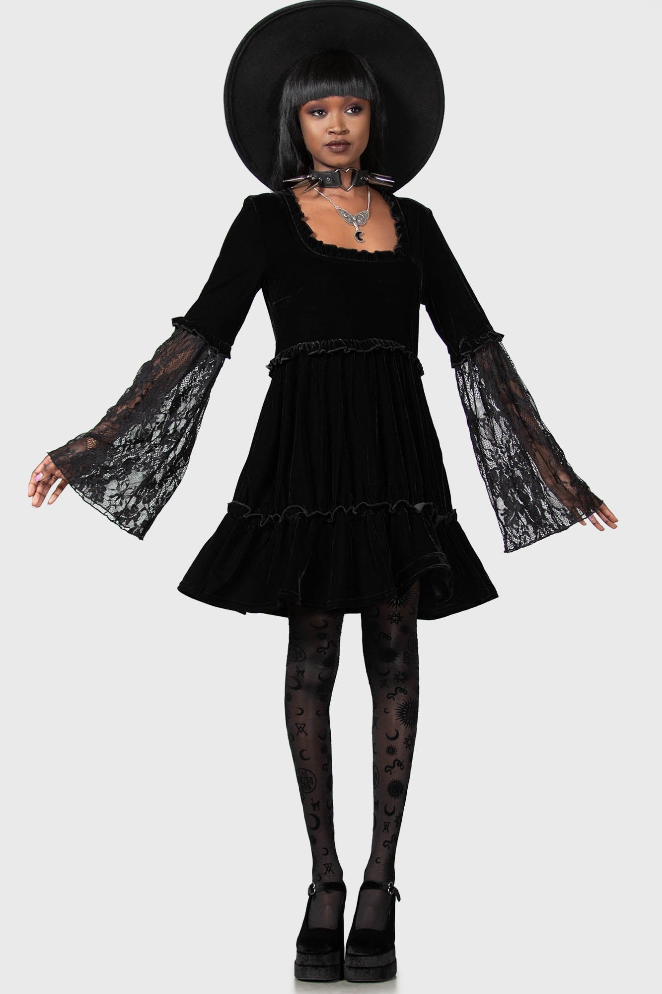 Killstar Prudence Velvet Dress with Lace Sleeves & Ruffles