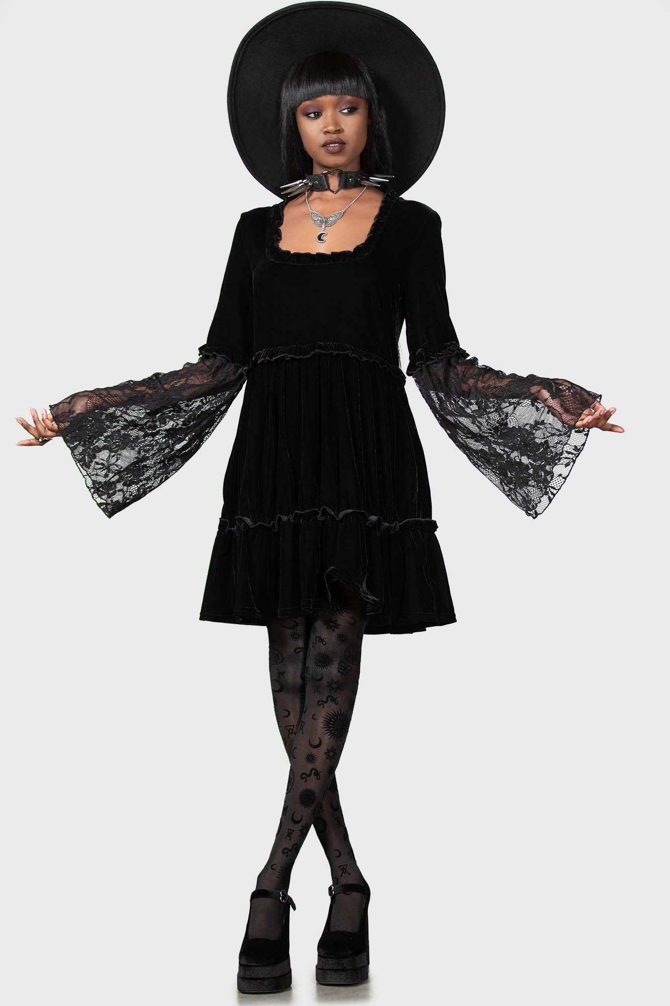 Killstar Prudence Velvet Dress with Lace Sleeves & Ruffles