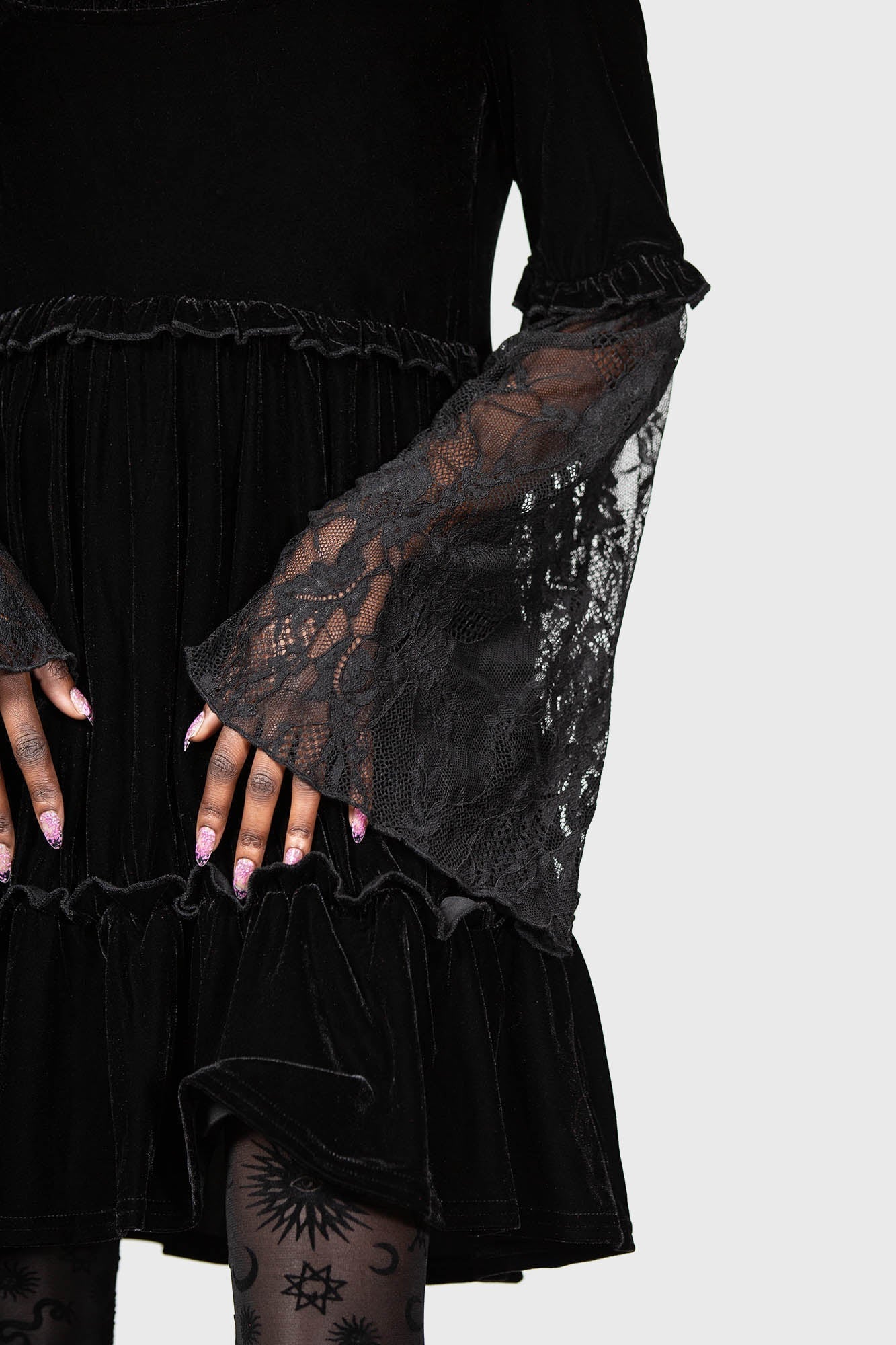 Killstar Prudence Velvet Dress with Lace Sleeves & Ruffles