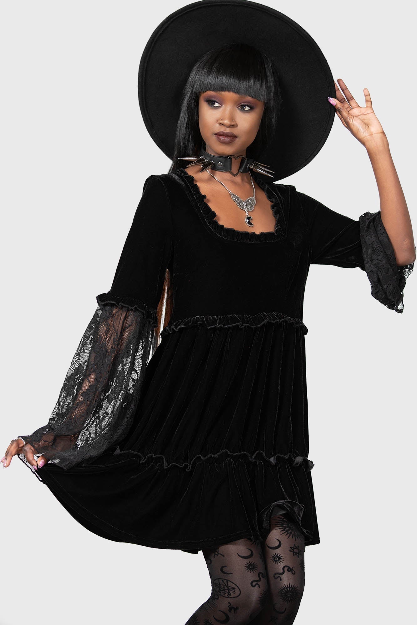 Killstar Prudence Velvet Dress with Lace Sleeves & Ruffles