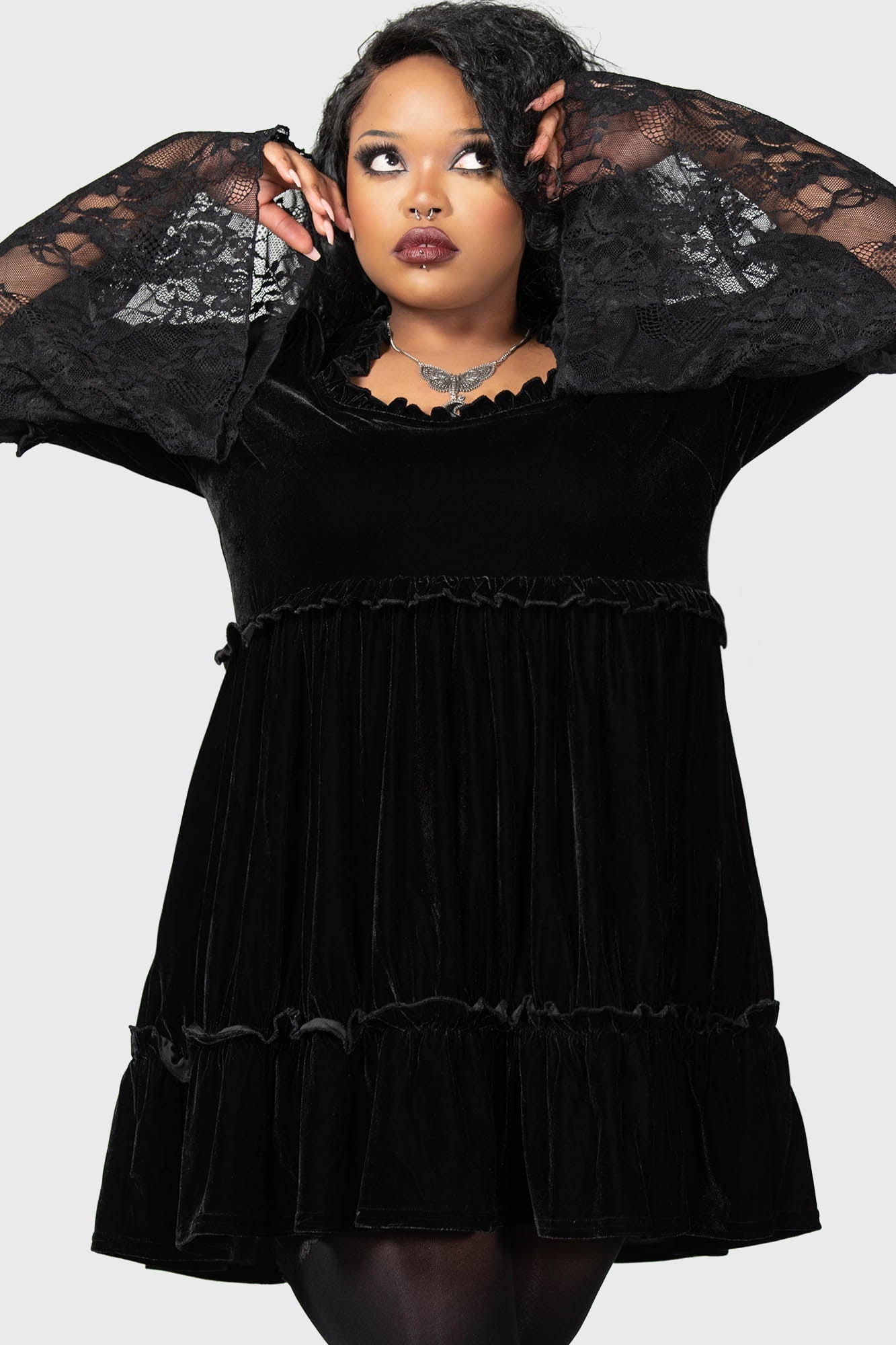 Killstar Prudence Velvet Dress with Lace Sleeves & Ruffles