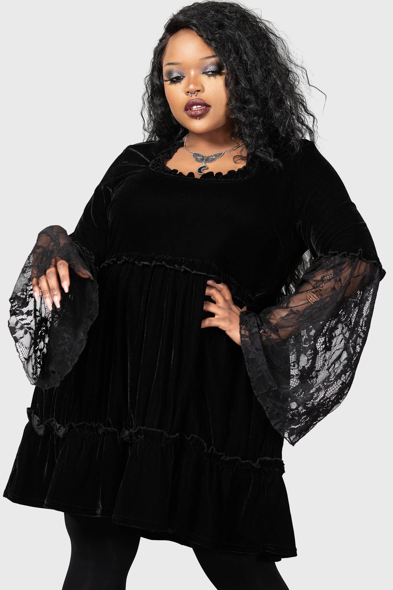 Killstar Prudence Velvet Dress with Lace Sleeves & Ruffles
