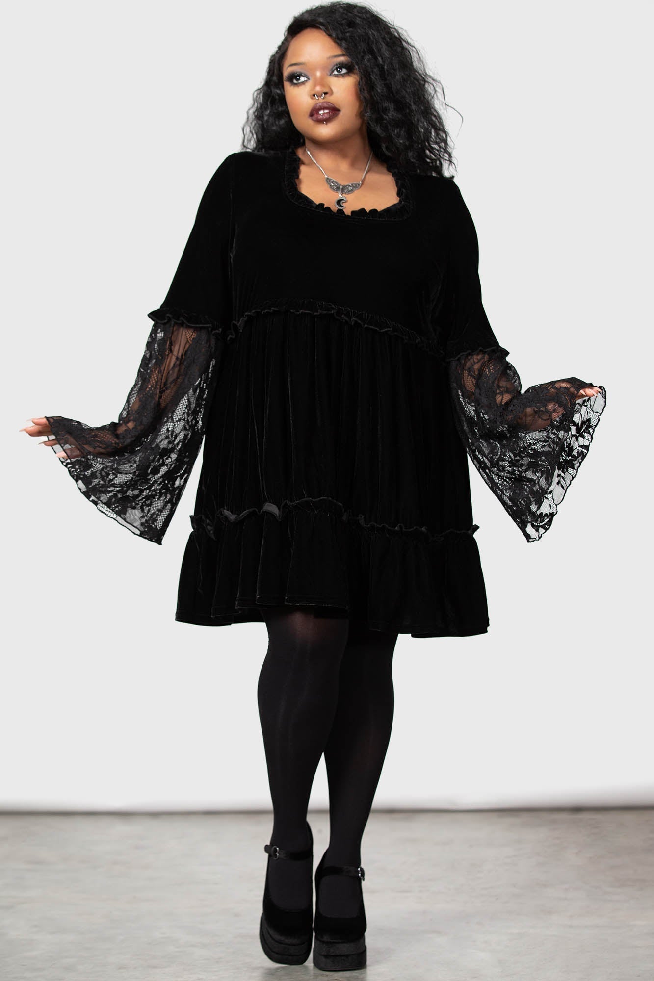 Killstar Prudence Velvet Dress with Lace Sleeves & Ruffles