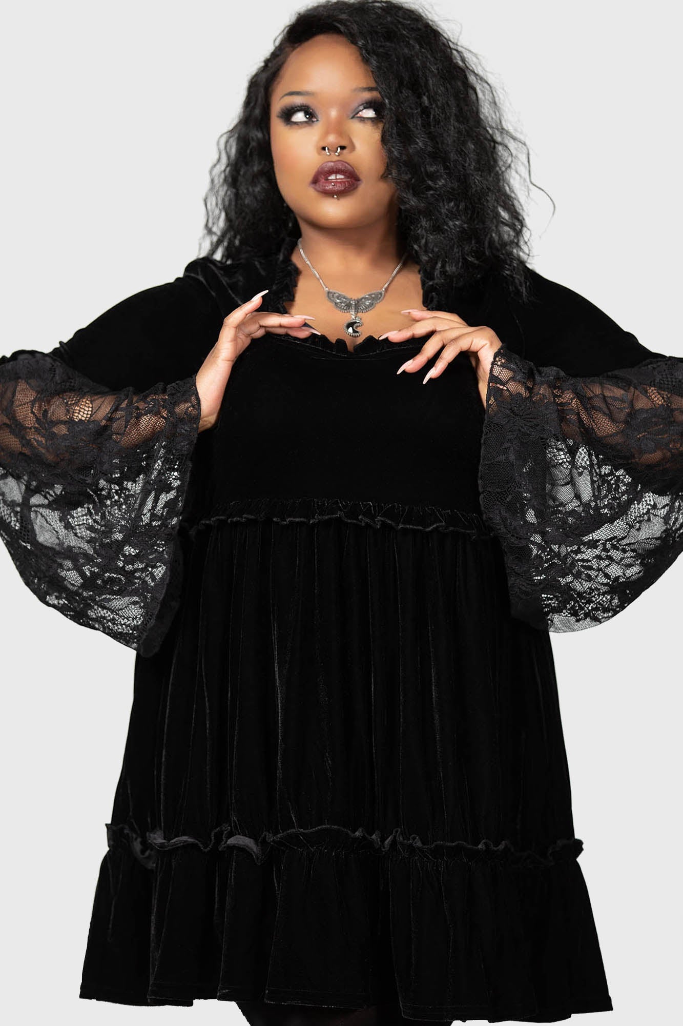 Killstar Prudence Velvet Dress with Lace Sleeves & Ruffles
