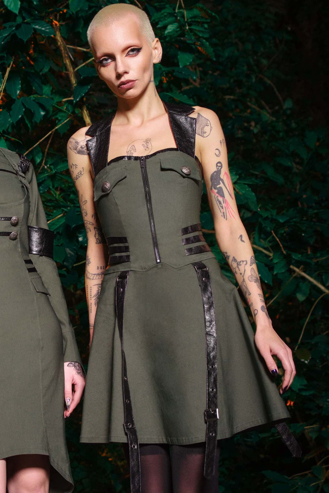 Killstar Psy-Ops Halter Dress - Khaki Stretch Woven Pleated Skirt