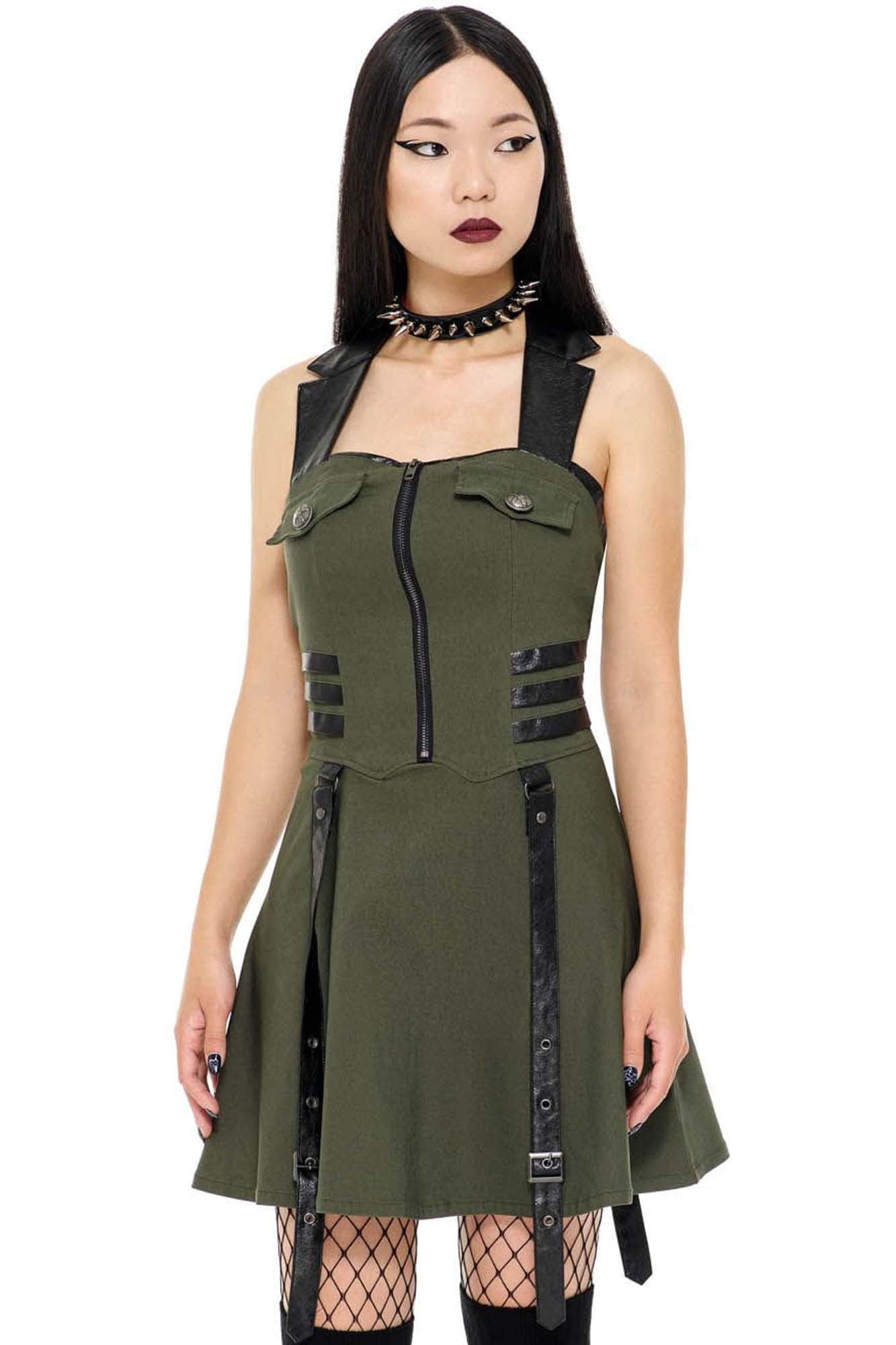 Killstar Psy-Ops Halter Dress - Khaki Stretch Woven Pleated Skirt