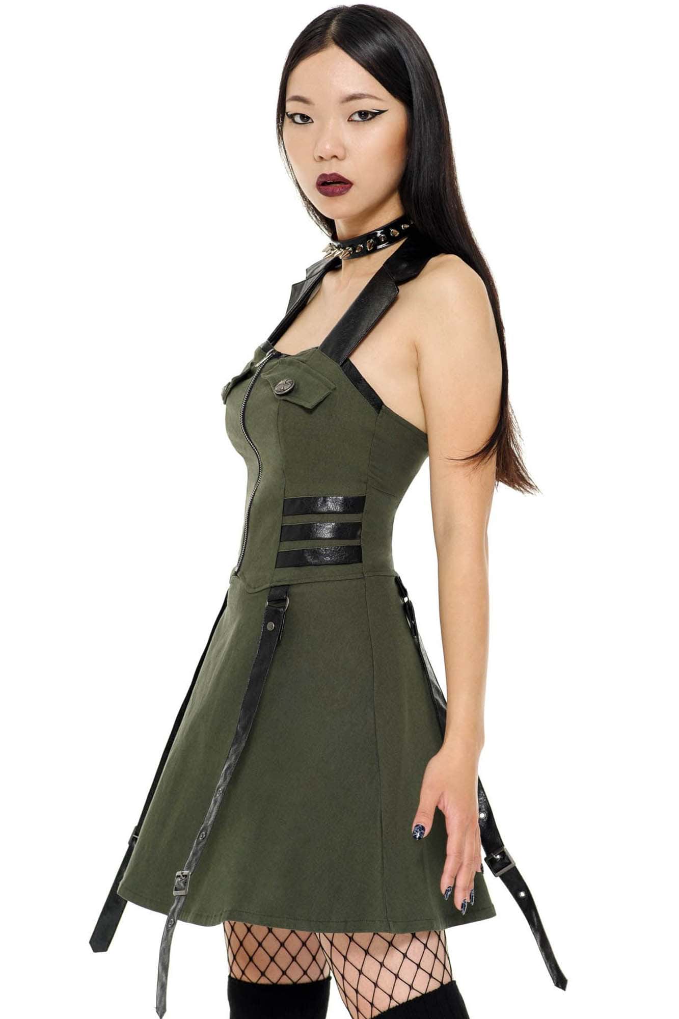 Killstar Psy-Ops Halter Dress - Khaki Stretch Woven Pleated Skirt