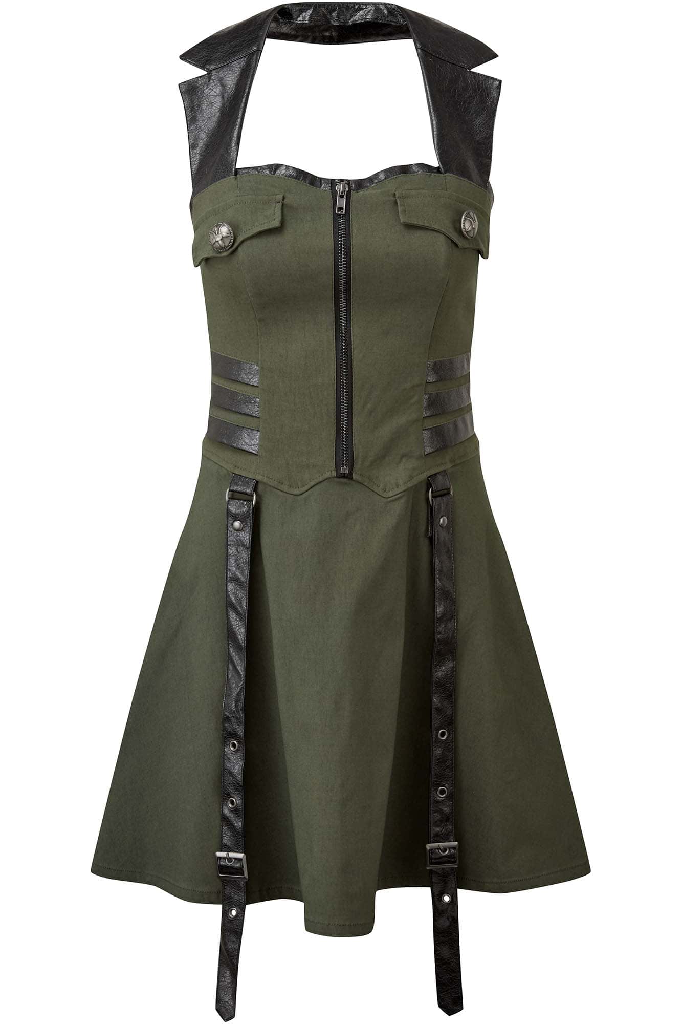 Killstar Psy-Ops Halter Dress - Khaki Stretch Woven Pleated Skirt