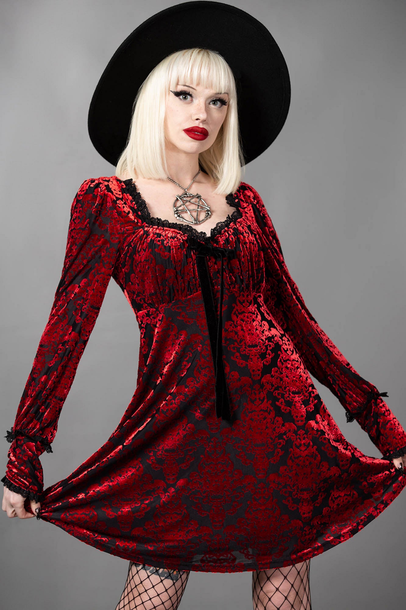 Killstar Sitri Velvet Long Sleeve Dress with Bow Detail