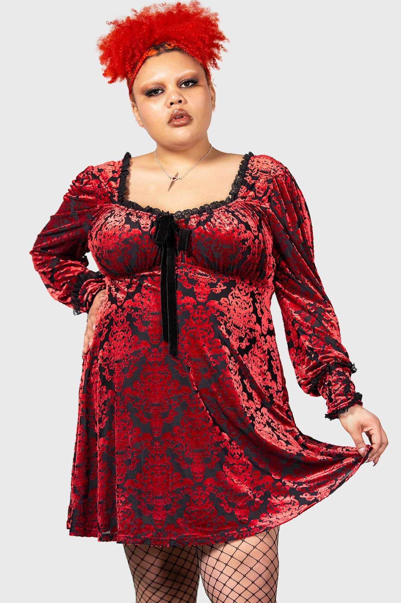 Killstar Sitri Velvet Long Sleeve Dress with Bow Detail