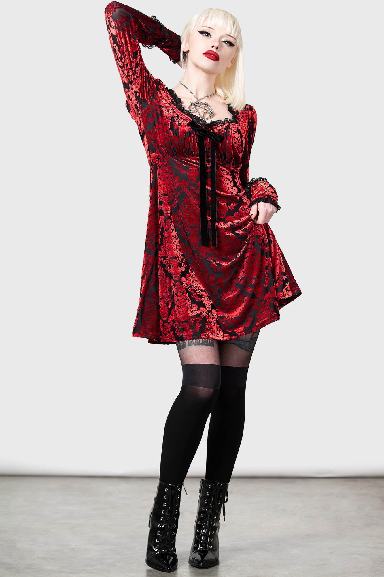 Killstar Sitri Velvet Long Sleeve Dress with Bow Detail