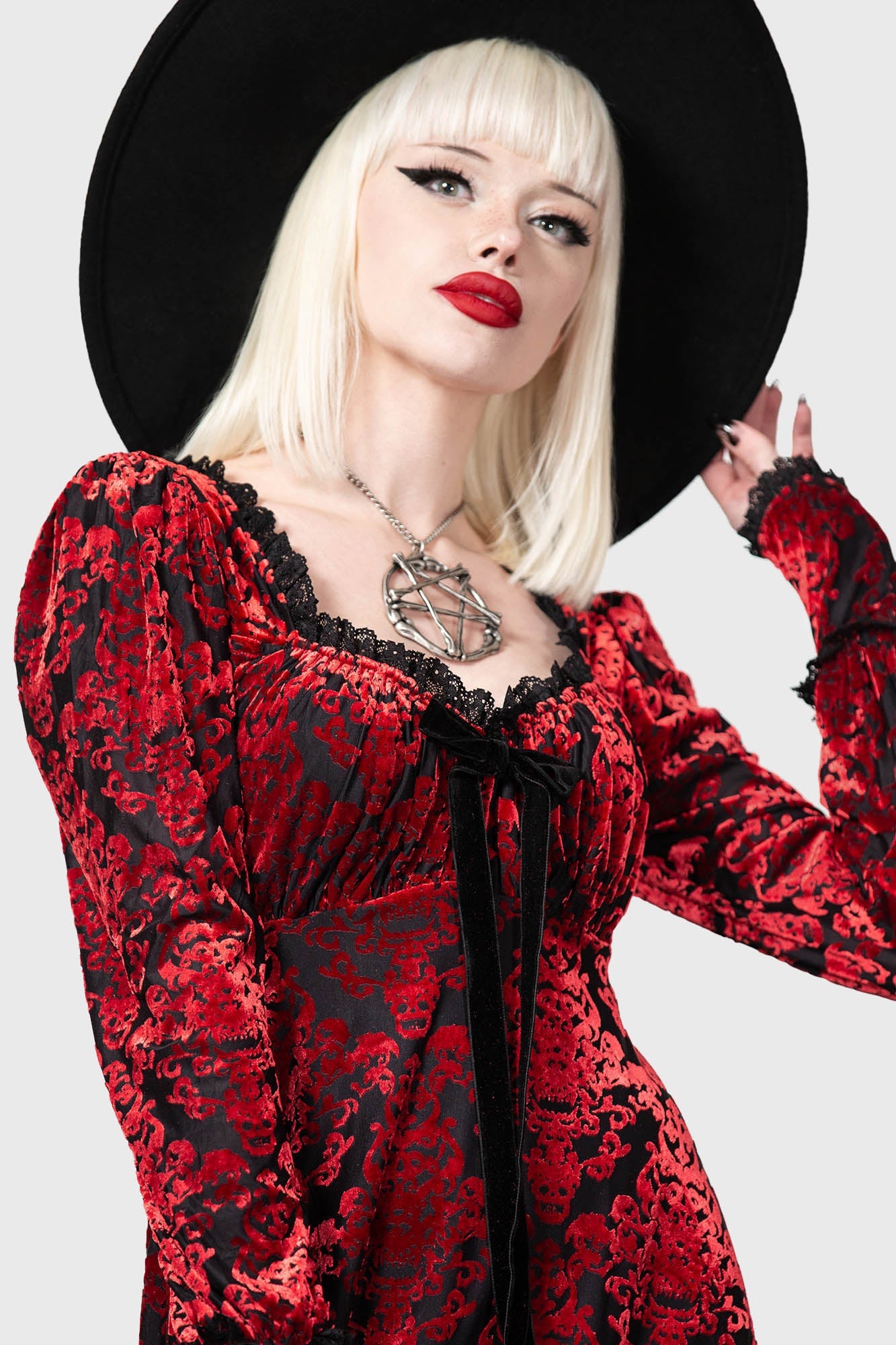 Killstar Sitri Velvet Long Sleeve Dress with Bow Detail