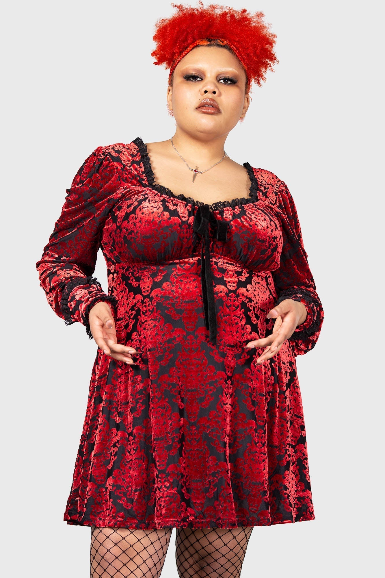 Killstar Sitri Velvet Long Sleeve Dress with Bow Detail