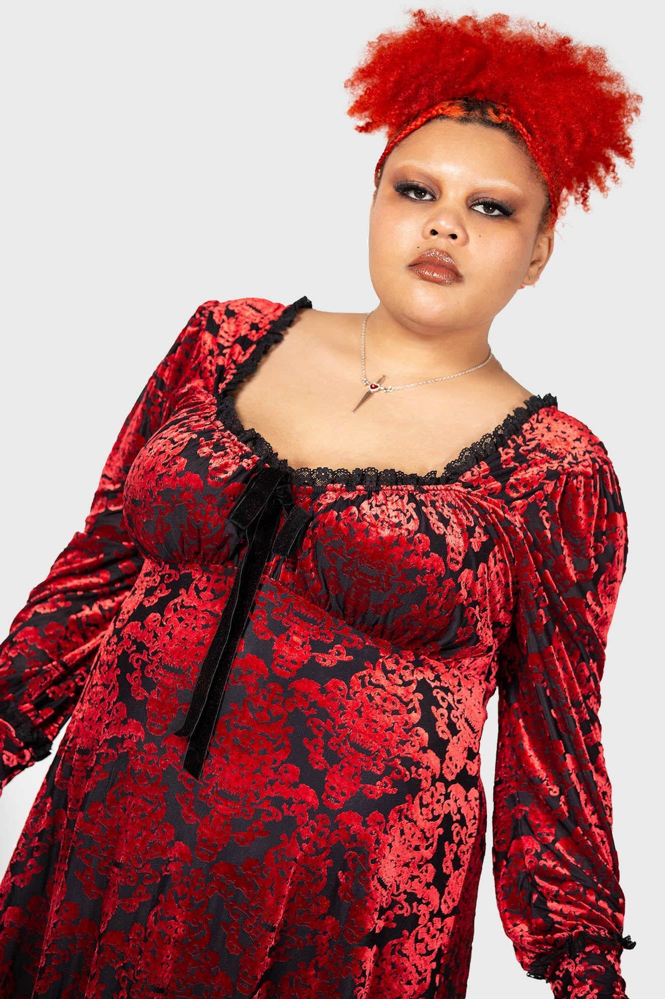 Killstar Sitri Velvet Long Sleeve Dress with Bow Detail